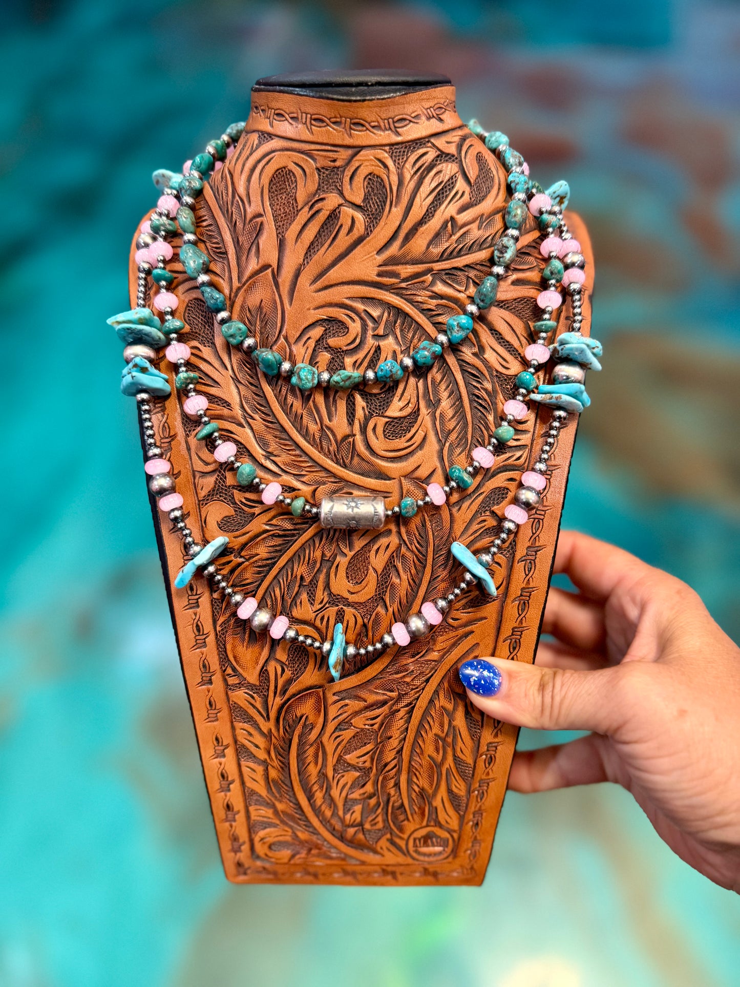 The Jaci Set – Three-Piece Turquoise, Pink Glass & Sterling Silver Necklace Set