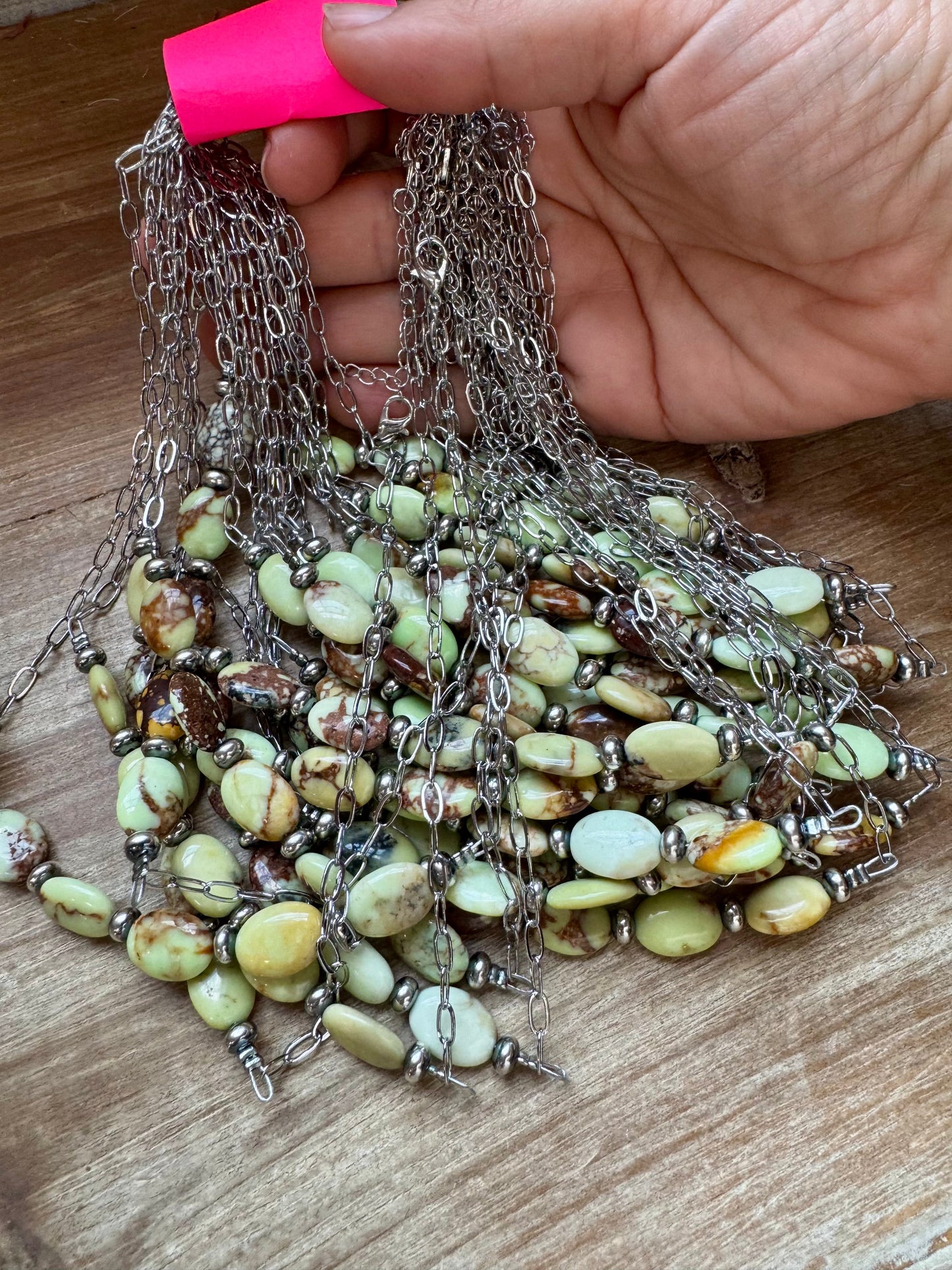 Handmade 15-inch lemon turquoise magnetite necklace with 5mm sterling silver saucer pearls on silver paperclip chain, made by The Bijoux FAB