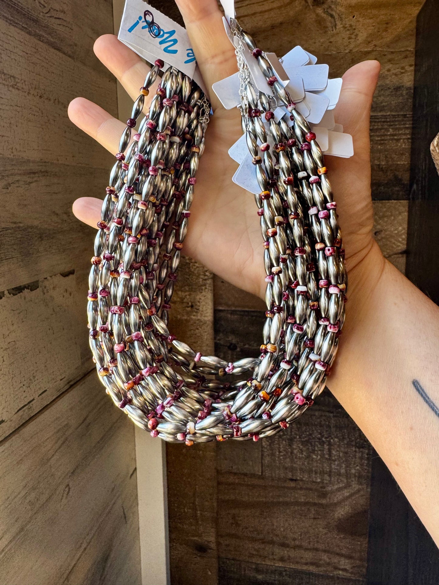 Handmade 14-inch sterling silver 4x12mm torpedo choker with purple spiny oyster heishi beads, finished with extender, made by The Bijoux FAB