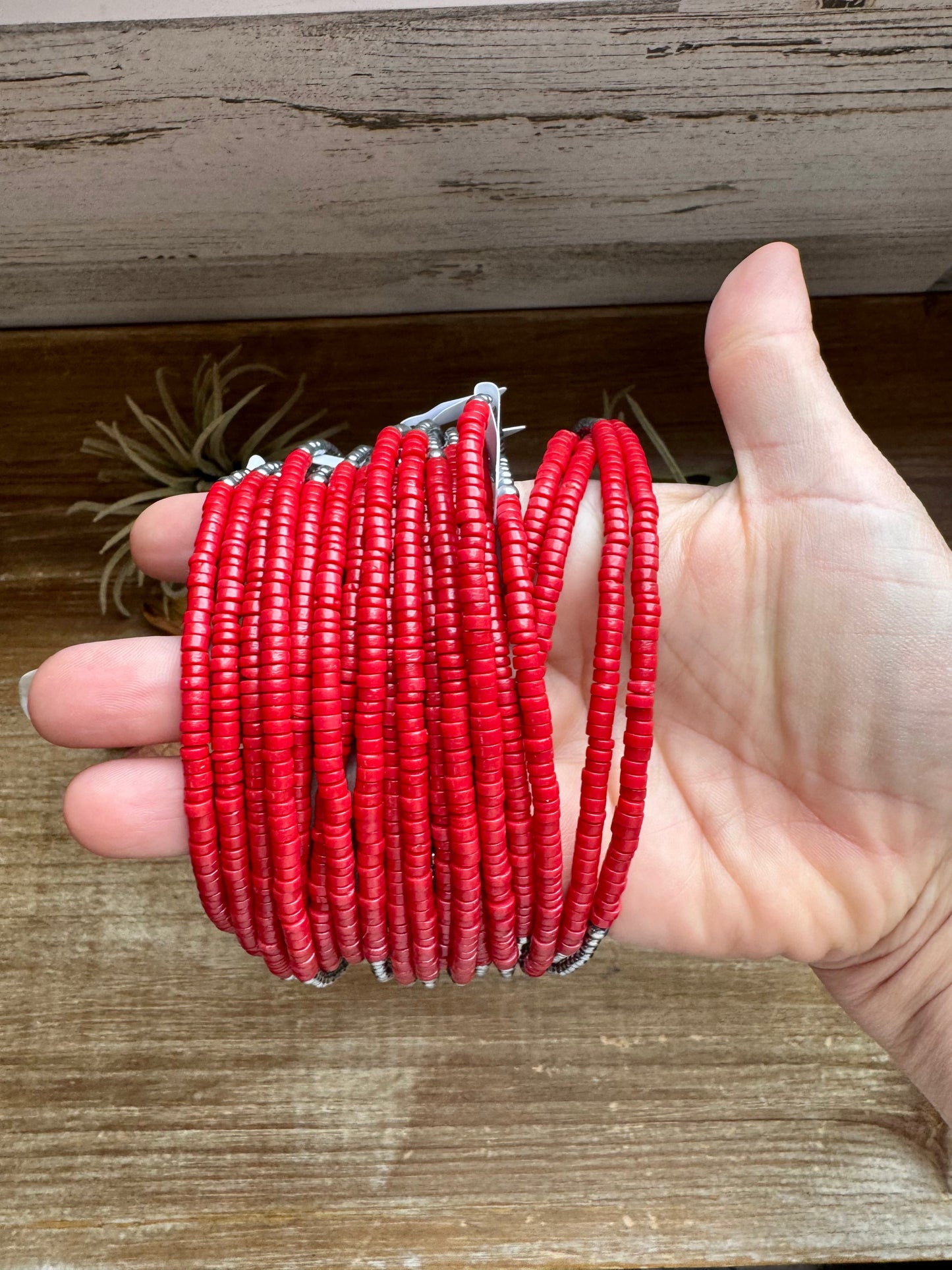 15-inch handmade red magnesite heishi necklace with sterling silver pearls, made in the USA