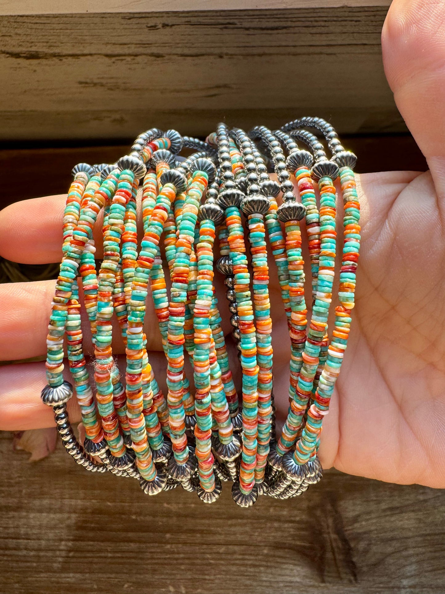 Handmade sterling silver pearl choker with turquoise and spiny oyster heishi beads, 14 inches + 2-inch extender, made by The Bijoux FAB in Texas