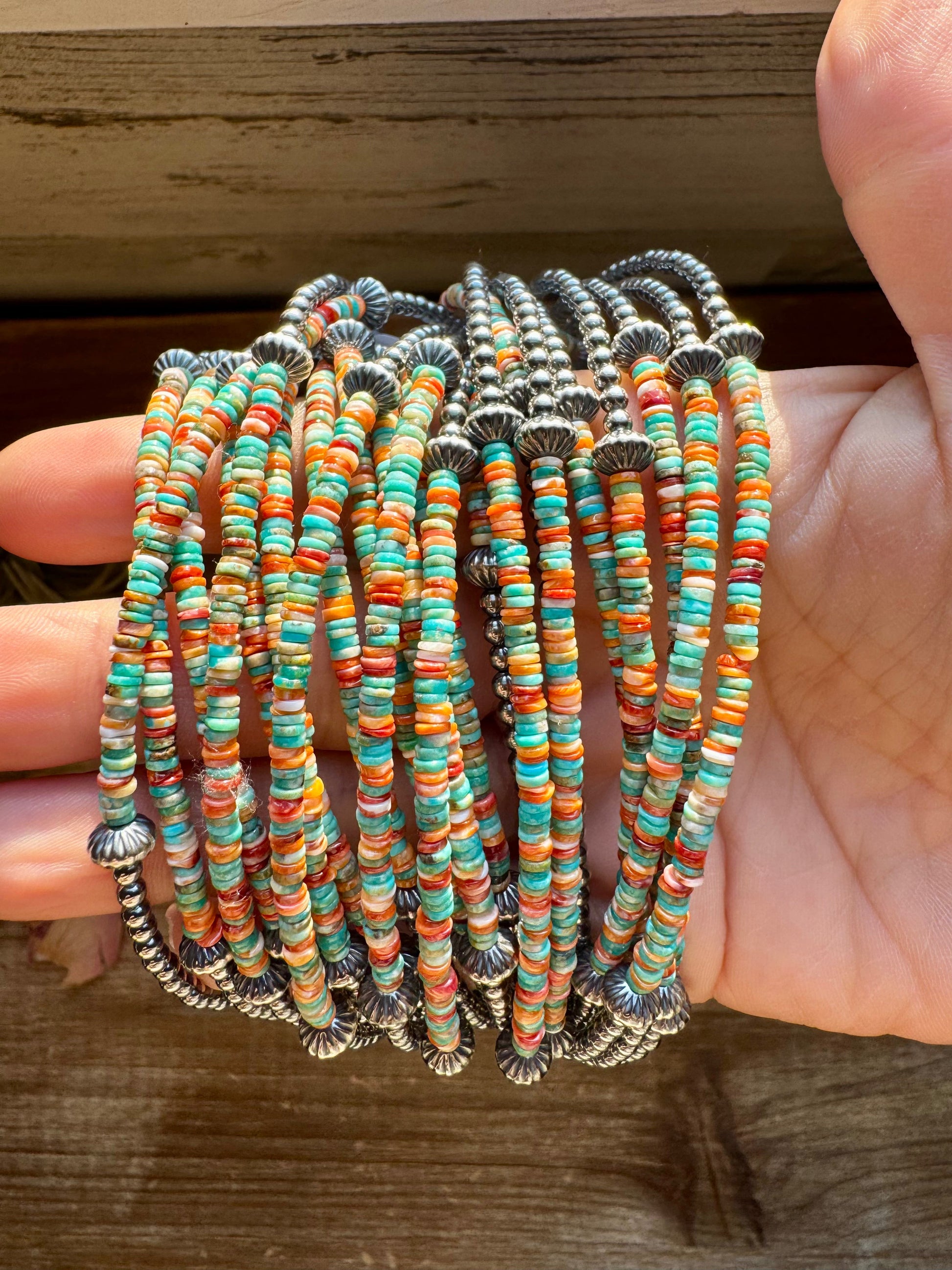 Handmade sterling silver pearl choker with turquoise and spiny oyster heishi beads, 14 inches + 2-inch extender, made by The Bijoux FAB in Texas