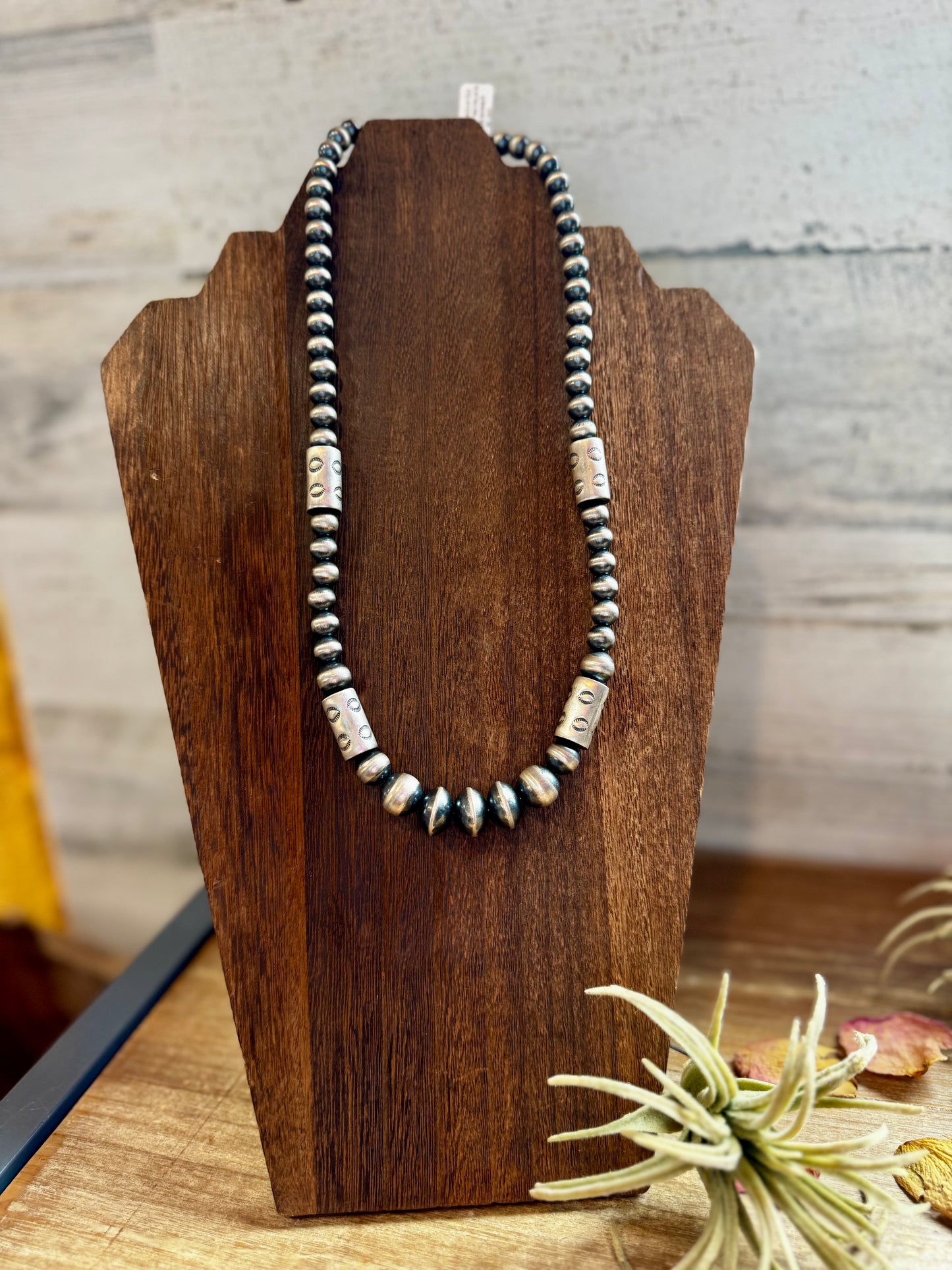 20-inch sterling silver necklace with 12mm saucer and barrel beads, made in the USA