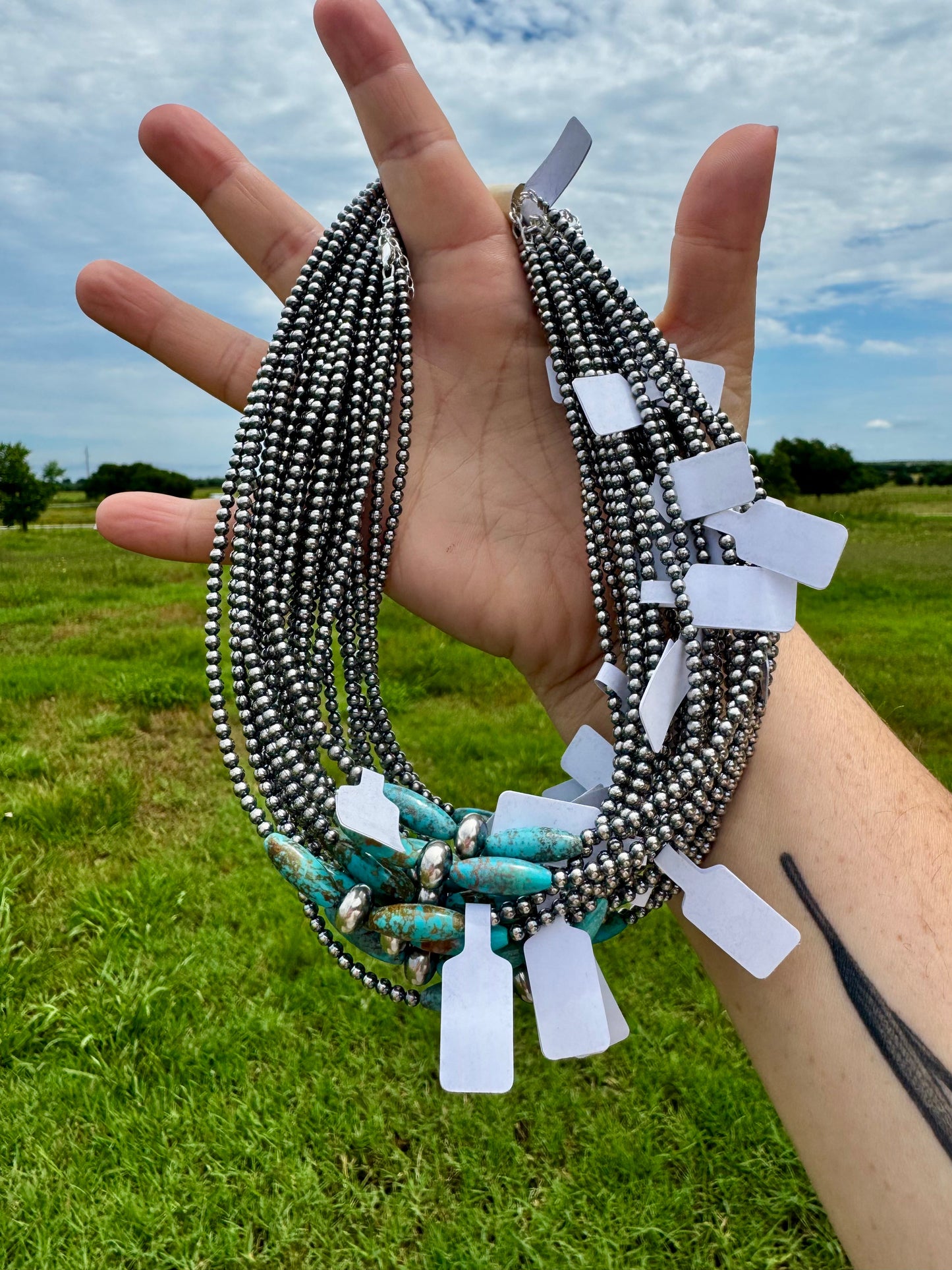 Handmade 15-inch sterling silver pearl choker with 10mm saucer and real turquoise torpedo beads, finished with extender, made by The Bijoux FAB