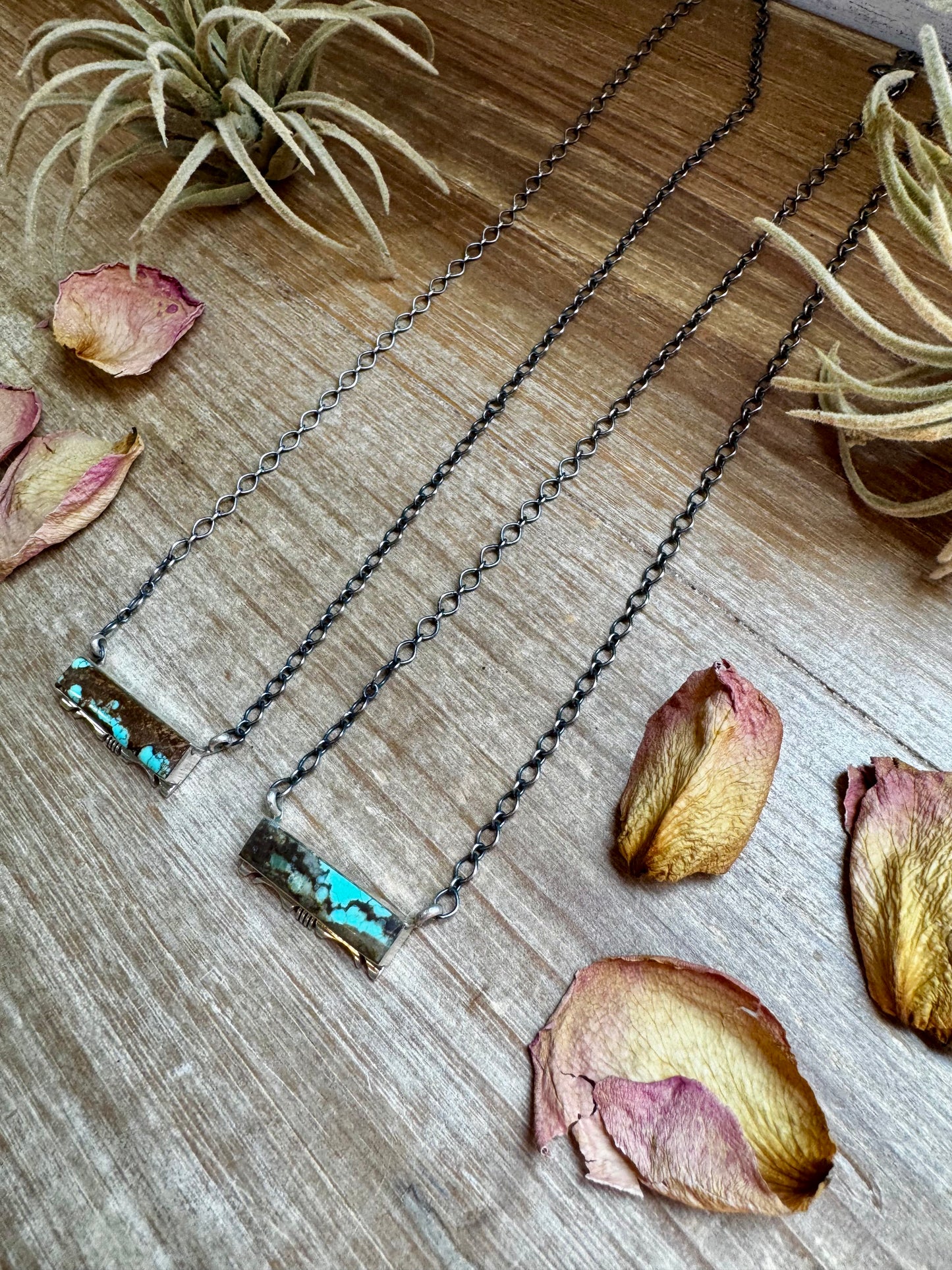 Sterling silver bar necklace with #8 turquoise, 19 inches long, handmade by Navajo artist Steve Francisco, stamped on back