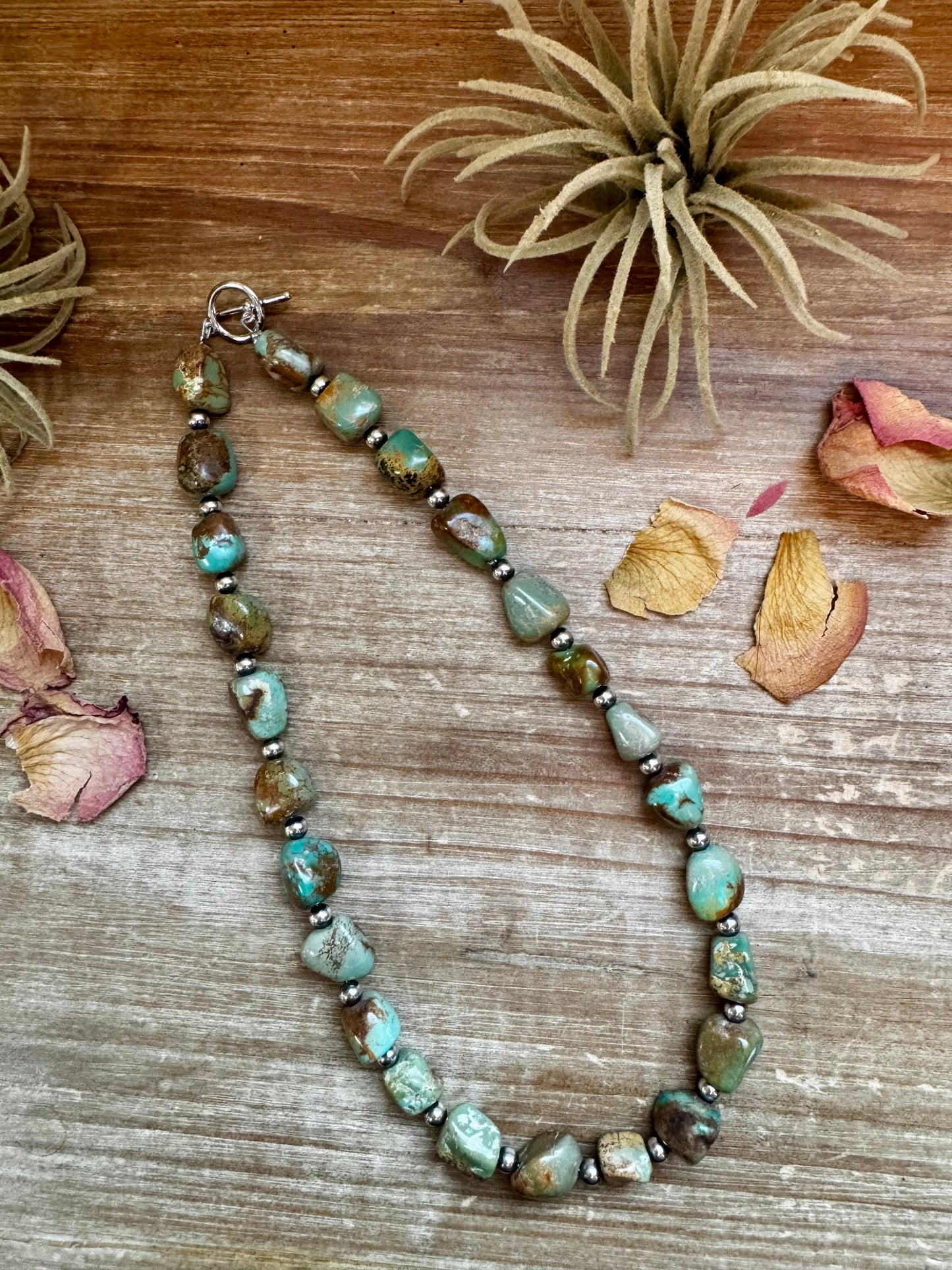 Handmade 18-inch chunky turquoise nugget necklace with alternating 5mm sterling silver pearls and non-tarnish hook, made by The Bijoux FAB