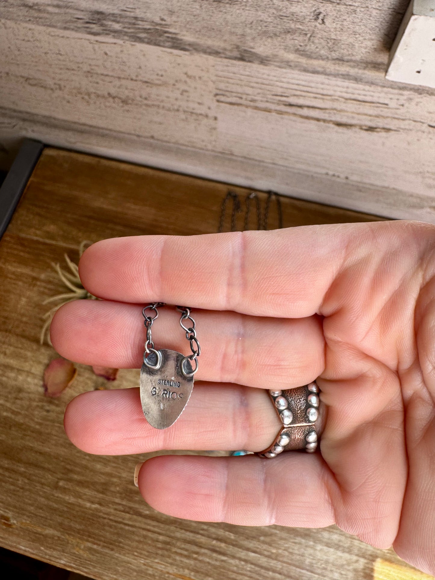 Sterling silver chain necklace with turquoise bar or teardrop pendant, handmade by Navajo artist G. Rios, 18 inches, choose your shape