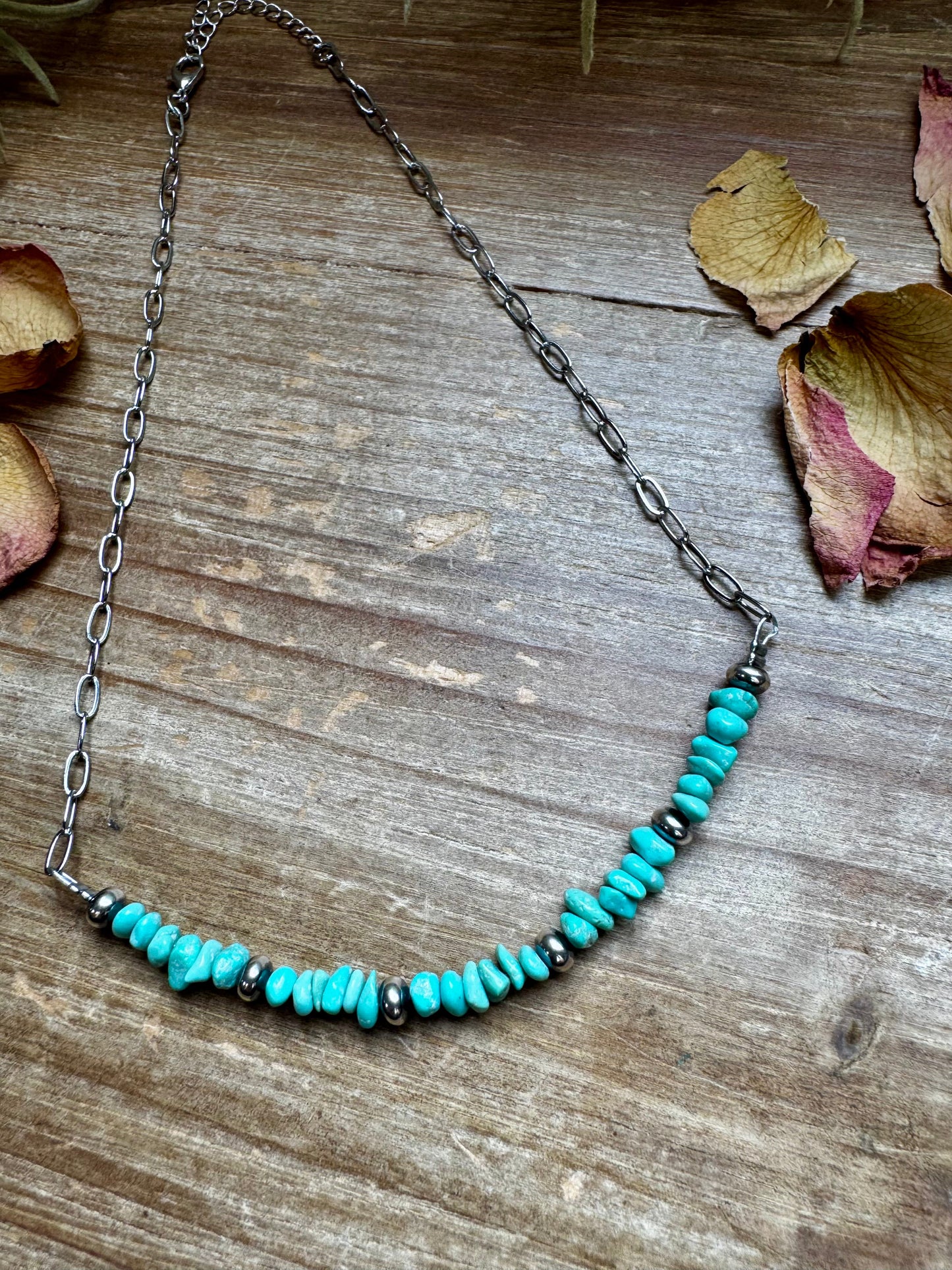 Handmade 15-inch silver paperclip chain necklace with blue turquoise nugget and sterling silver saucer pearls, made by The Bijoux FAB