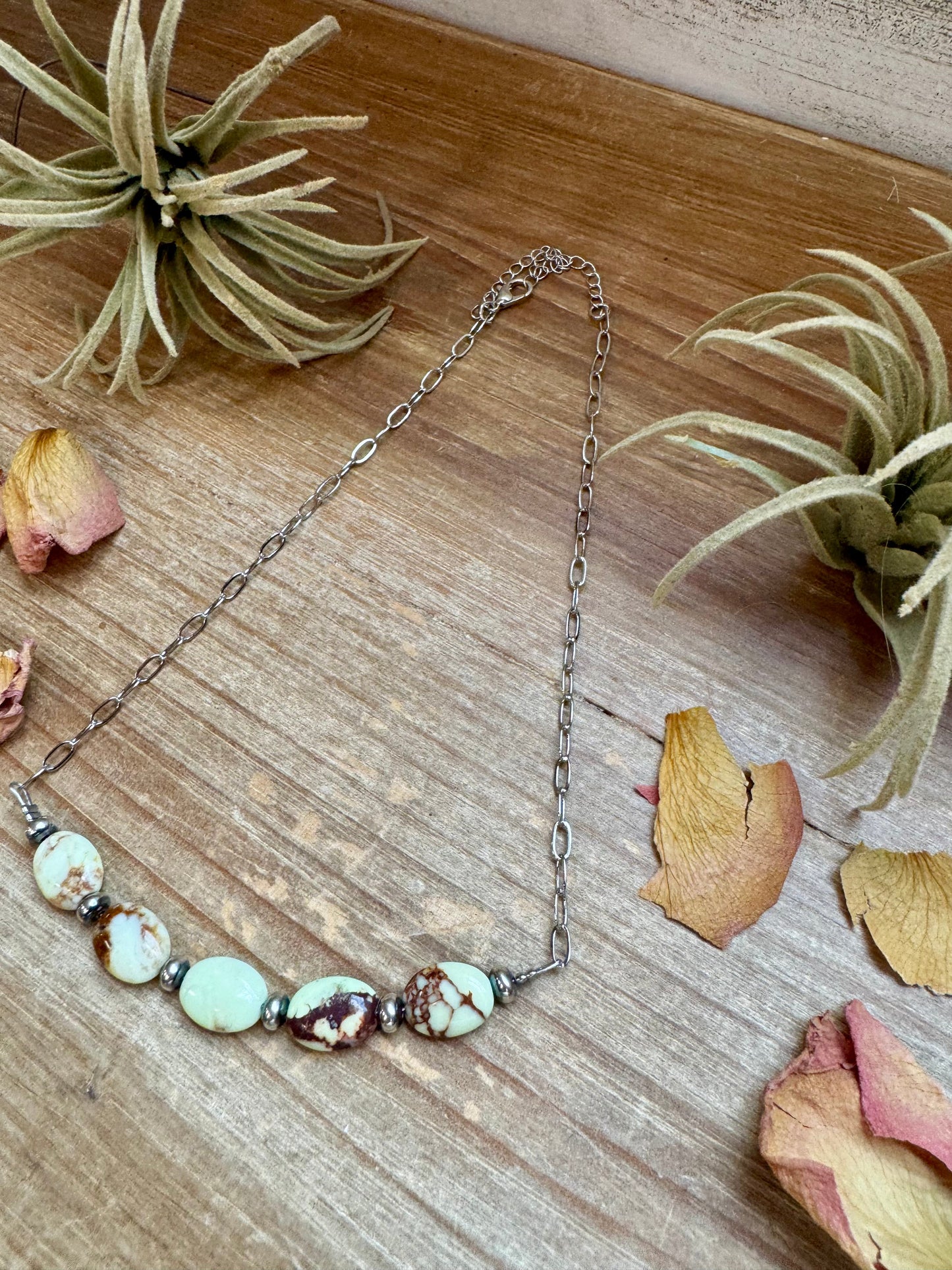 Handmade 15-inch lemon turquoise magnetite necklace with 5mm sterling silver saucer pearls on silver paperclip chain, made by The Bijoux FAB