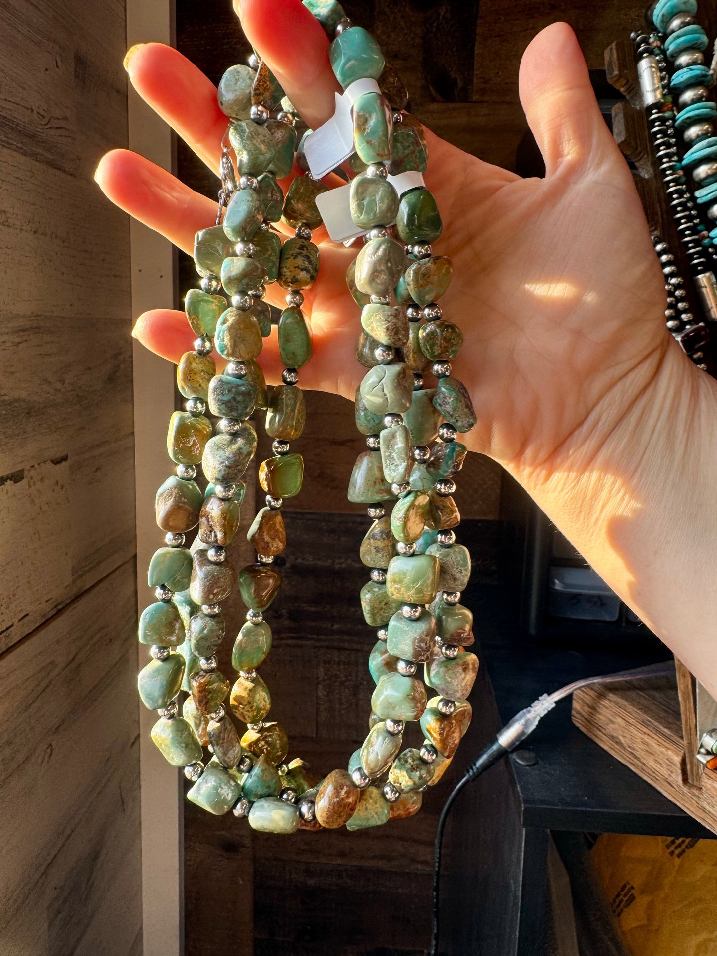 Handmade 18-inch chunky turquoise nugget necklace with alternating 5mm sterling silver pearls and non-tarnish hook, made by The Bijoux FAB