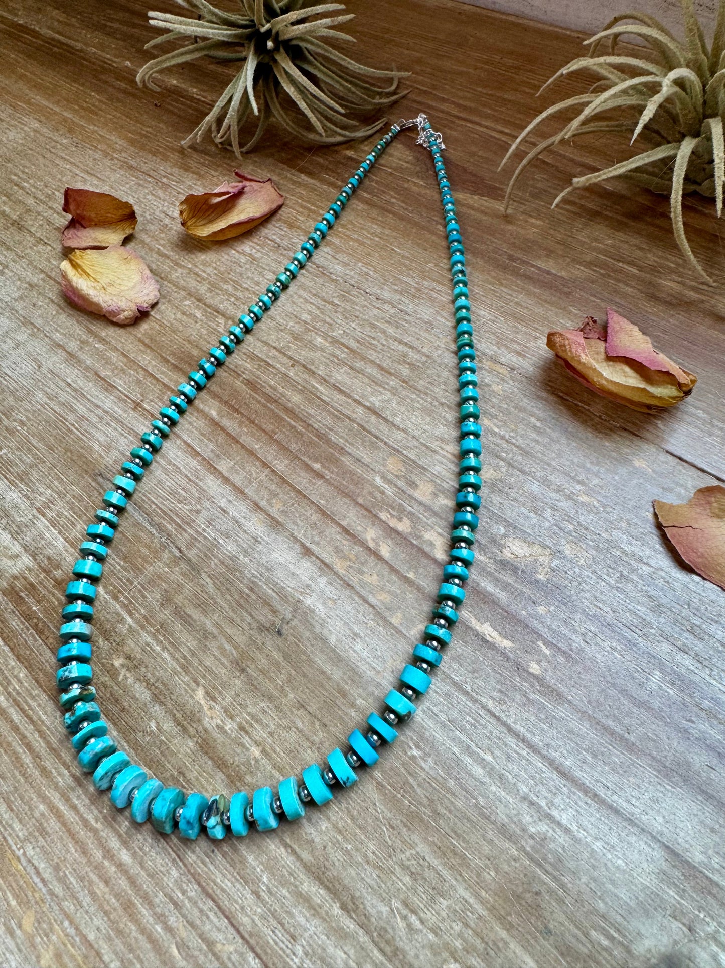 Handmade 20.5-inch turquoise disk necklace with graduated beads and 3mm sterling silver pearls, finished with lobster clasp and extender, made by The Bijoux FAB