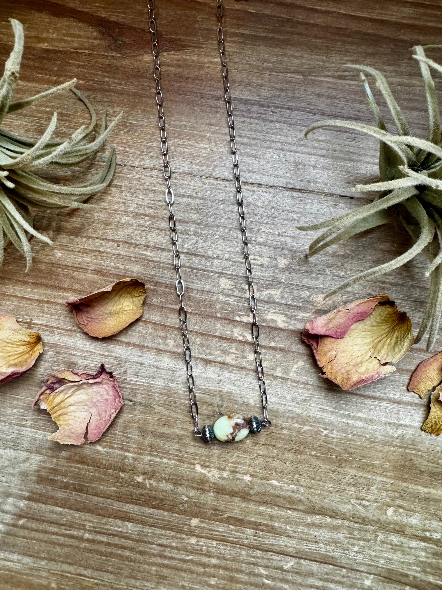 Handmade 16-inch lemon turquoise magnesite necklace with sterling silver saucer pearls and silver-plated chain, made by The Bijoux FAB