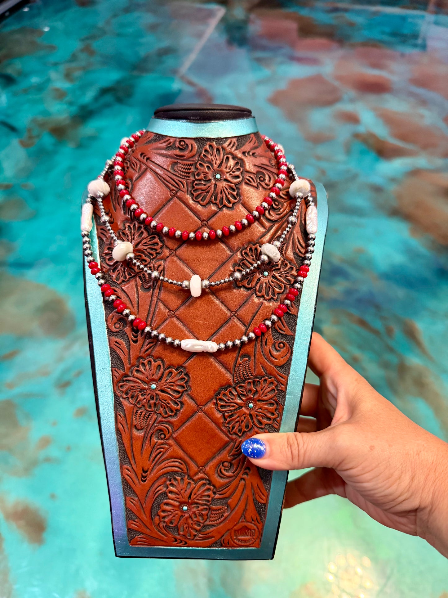 The Jaci Set – Three-Piece Red Coral, Moonstone & Freshwater Pearl Necklace Set