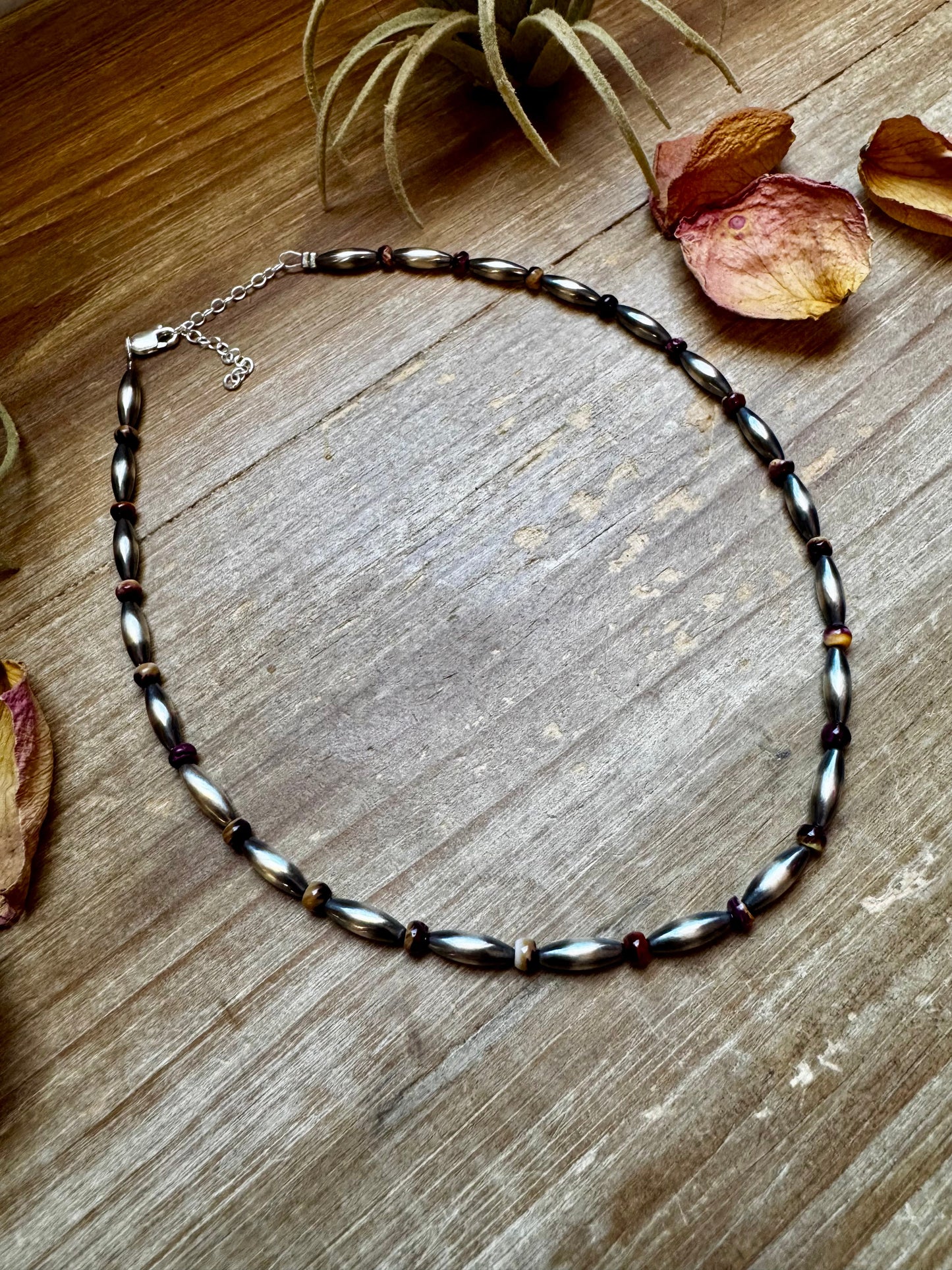 Handmade 14-inch sterling silver 4x12mm torpedo choker with purple spiny oyster heishi beads, finished with extender, made by The Bijoux FAB