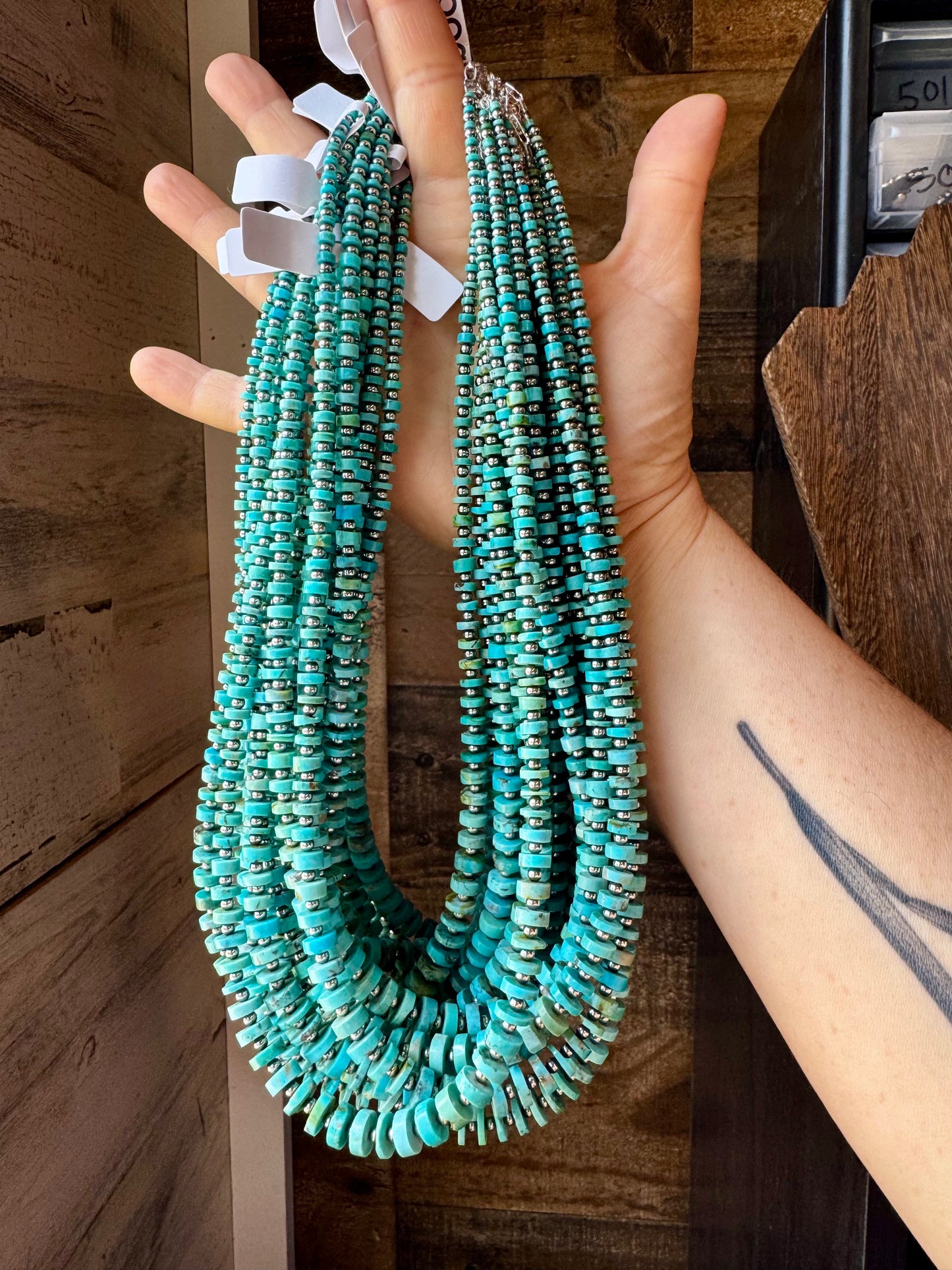 Handmade 20.5-inch turquoise disk necklace with graduated beads and 3mm sterling silver pearls, finished with lobster clasp and extender, made by The Bijoux FAB