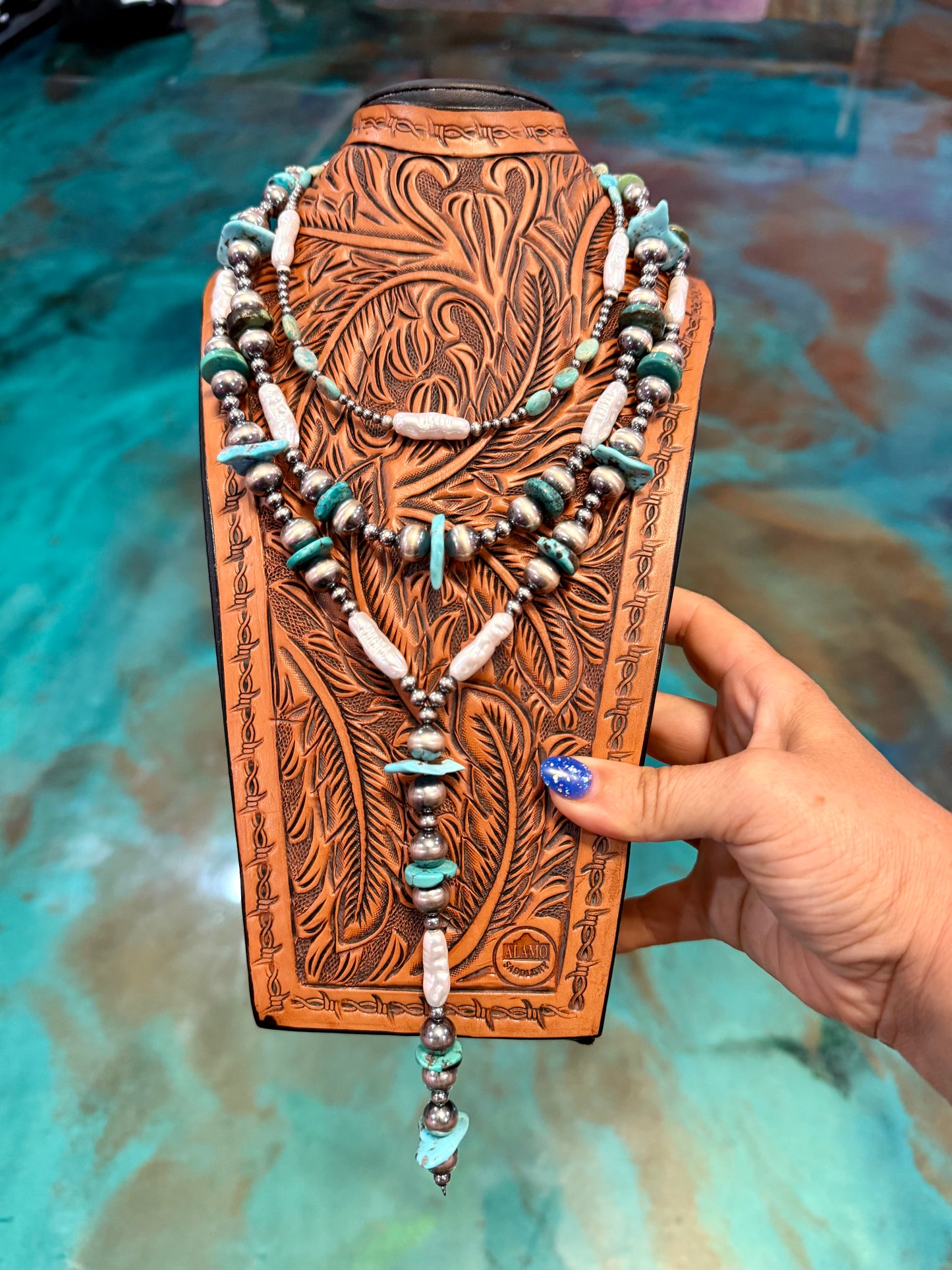 The Jaci Collection – Three-Piece Turquoise, Freshwater Pearl & Sterling Silver Necklace Set
