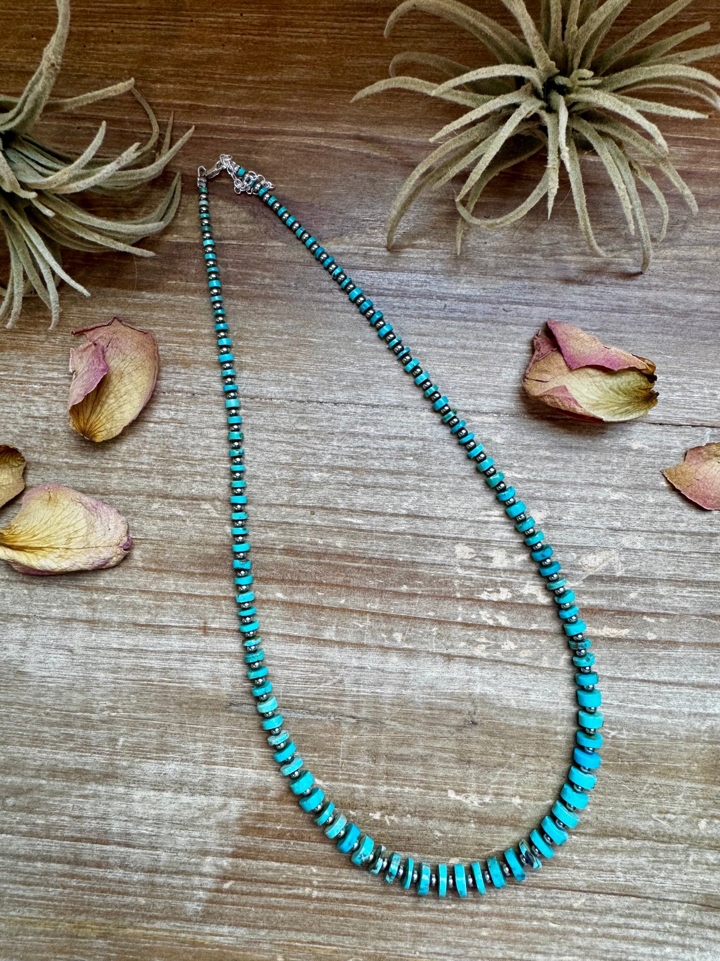 Handmade 20.5-inch turquoise disk necklace with graduated beads and 3mm sterling silver pearls, finished with lobster clasp and extender, made by The Bijoux FAB