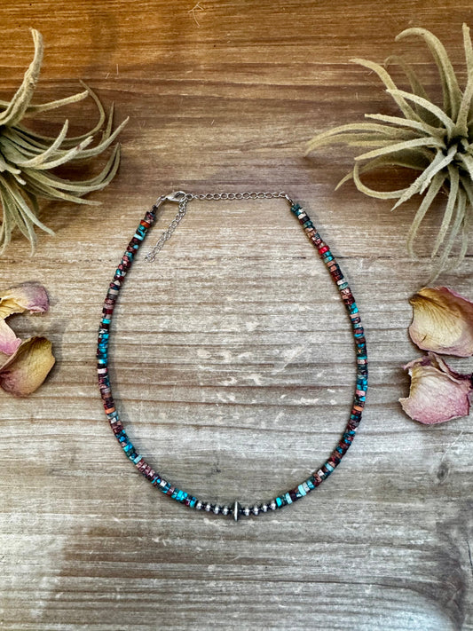 Close-up of a 14-inch choker necklace with 3-inch extender, featuring 4mm and saucer sterling silver pearls, and 2x4mm pink composite sea sediment beads in a Pink Dahlia shade. Finished with a silver-plated latch and chain. Handmade by The Bijoux FAB in the USA. Every pattern is one-of-a-kind.