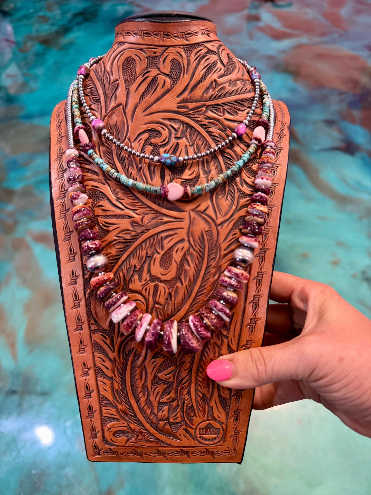Mojave Turquoise, Pink Conch & Purple Spiny Oyster 3-Piece Necklace Stack