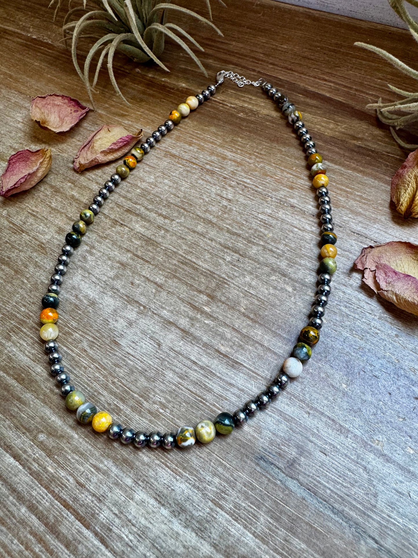 Handmade 18-inch necklace with 5mm sterling silver pearls and 6mm bumblebee jasper beads, finished with extender, made by The Bijoux FAB