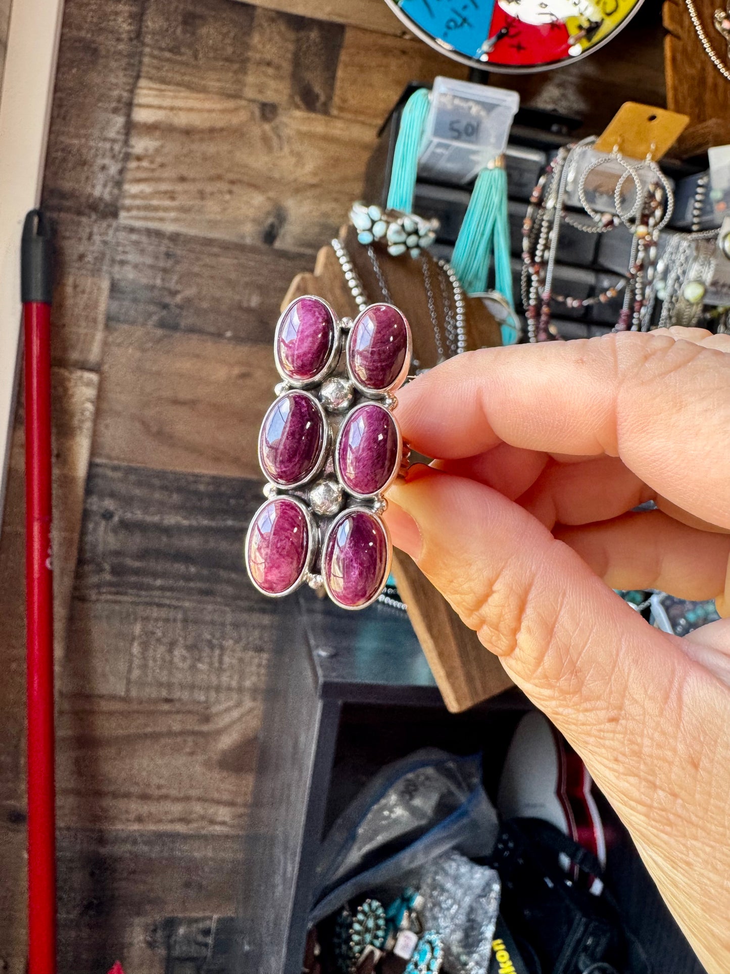 6-stone purple spiny oyster ring in sterling silver, wide band, size 8, USA made, one of a kind