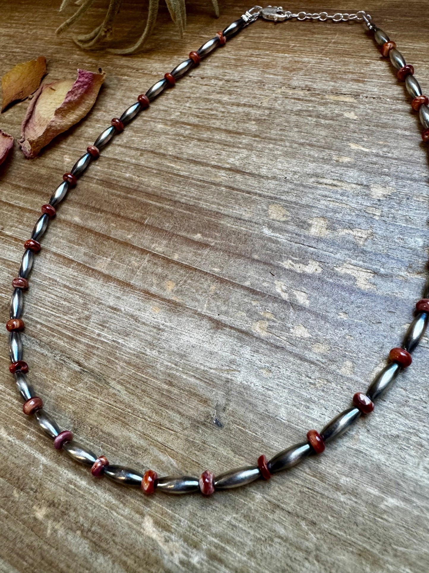 Handmade 14-inch sterling silver torpedo choker with red and purple spiny oyster heishi beads, plus extender, made by The Bijoux FAB