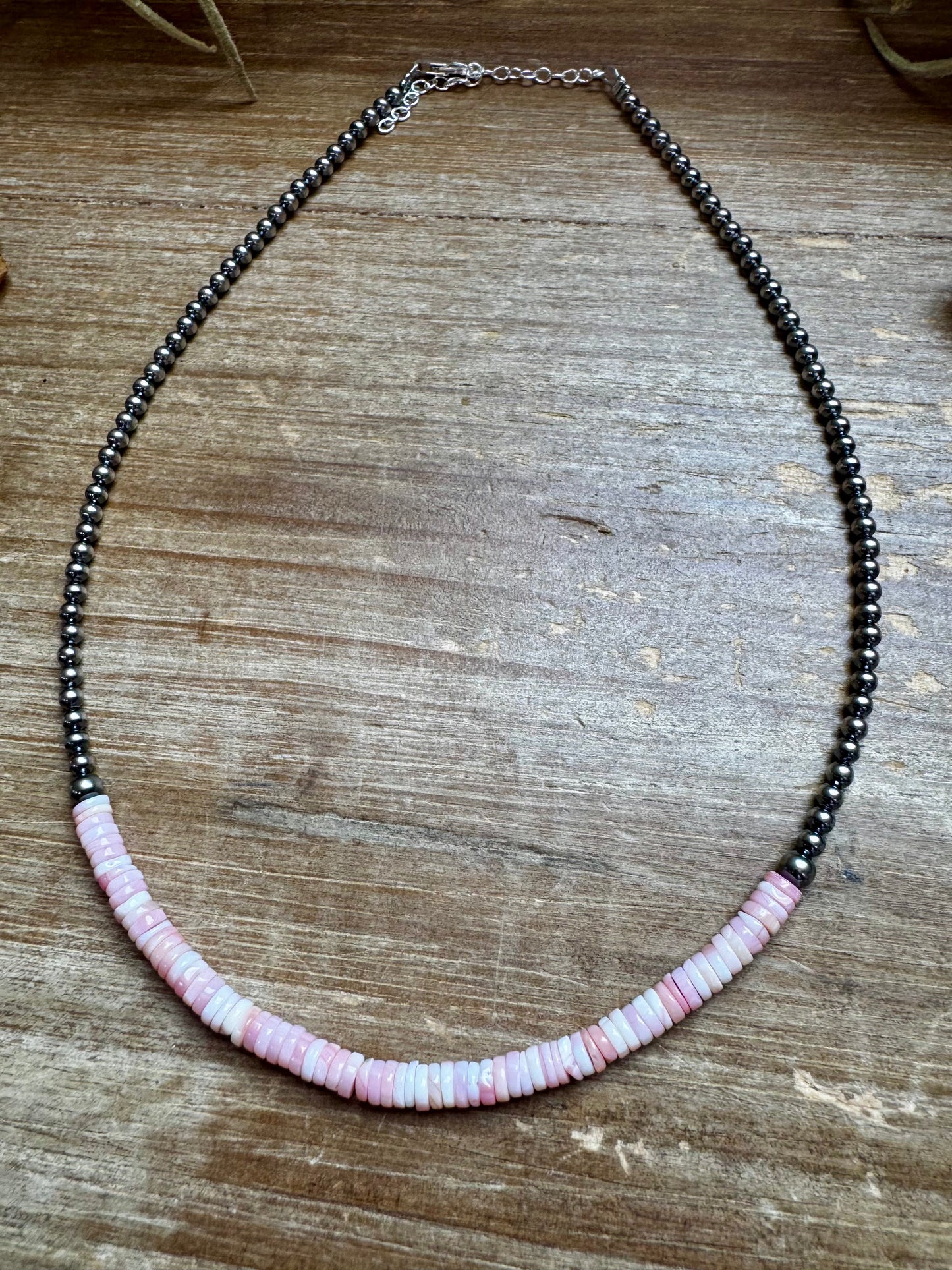 15-inch handmade necklace with pink conch heishi and sterling silver pearls, made in the USA