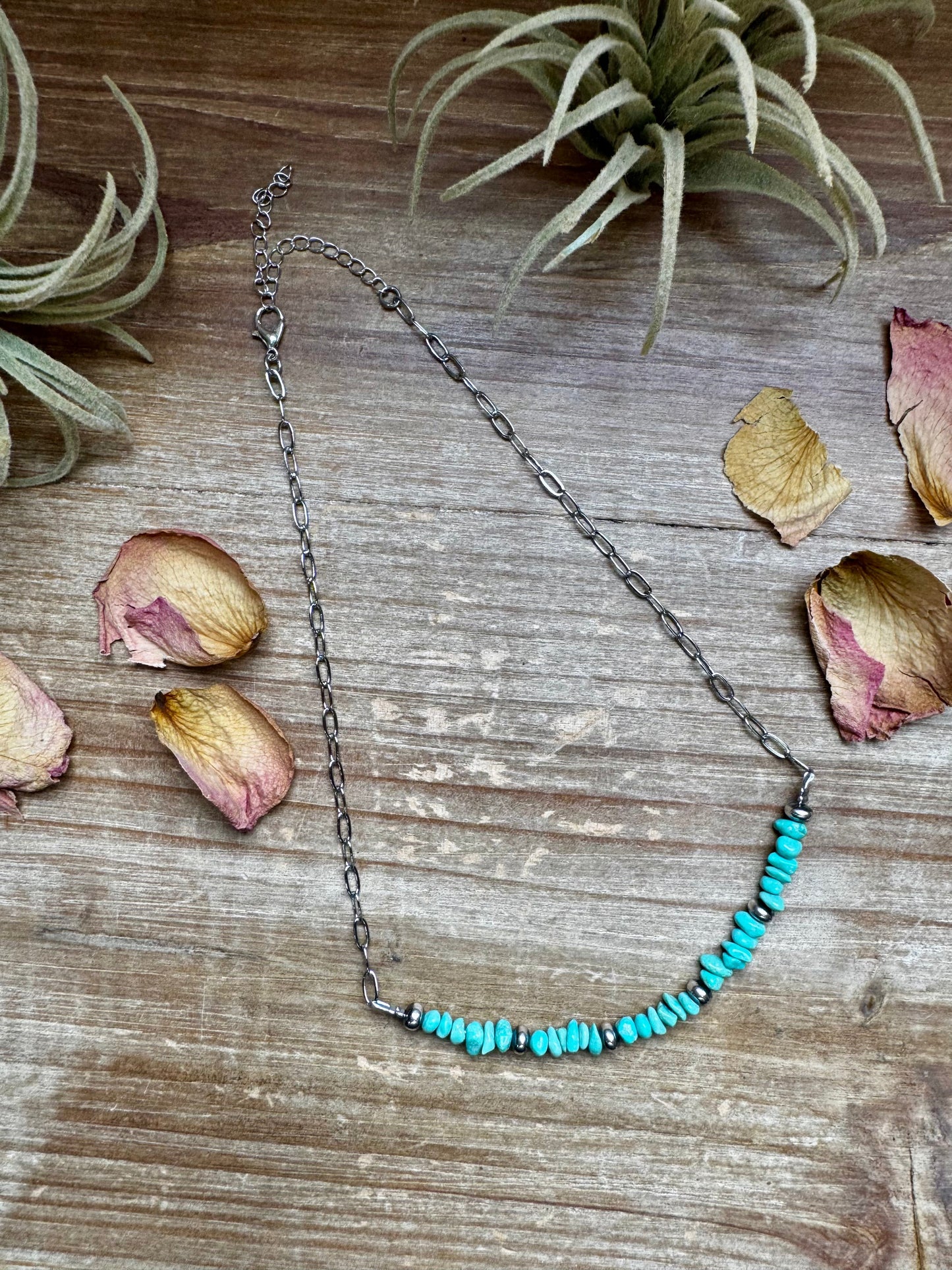 Handmade 15-inch silver paperclip chain necklace with blue turquoise nugget and sterling silver saucer pearls, made by The Bijoux FAB