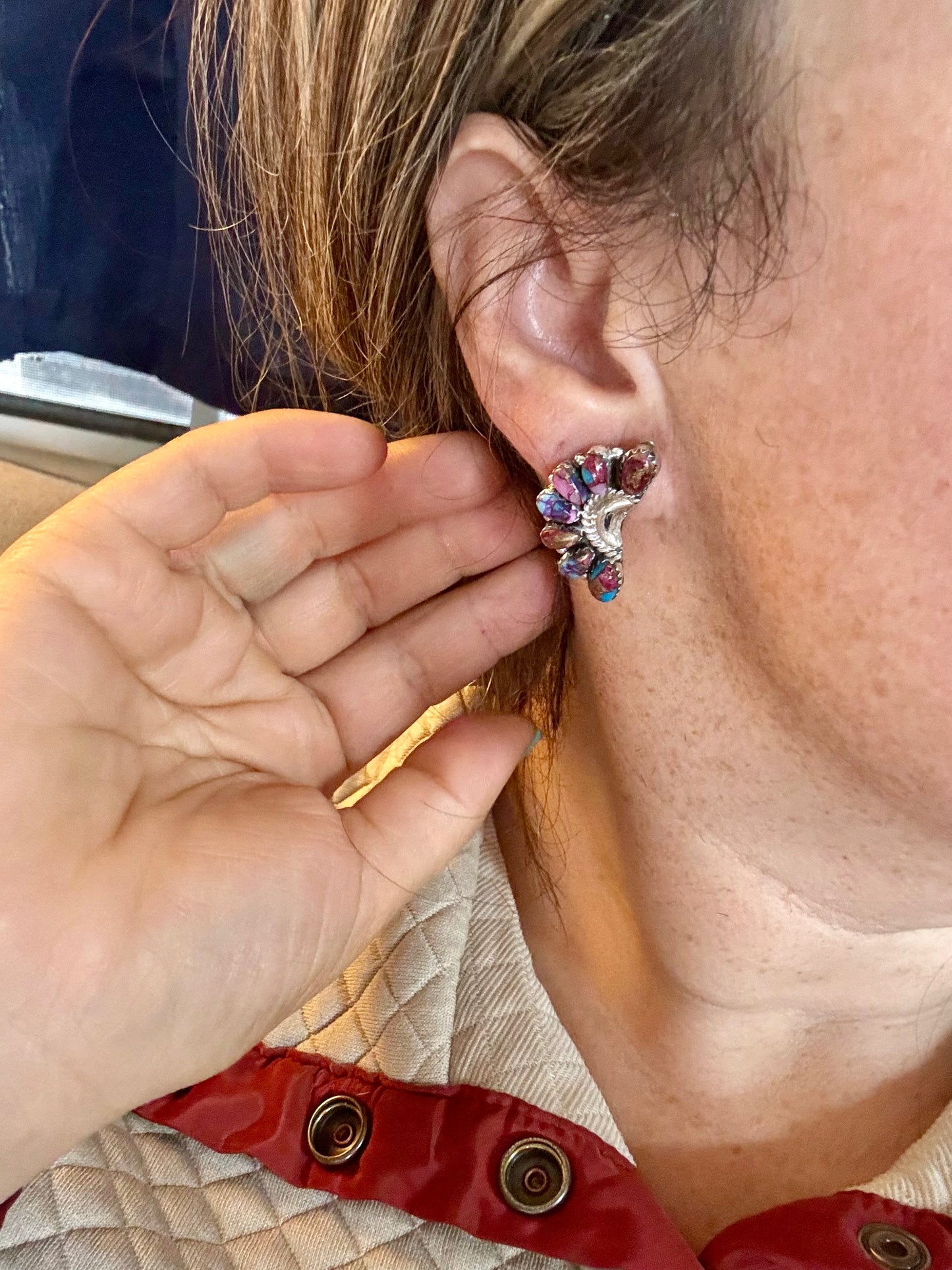 Half cluster earrings handcrafted with vibrant pink dahlia stones set in solid sterling silver. Stamped JW and made in the USA. Each pair is one of a kind. Curated by The Bijoux FAB.