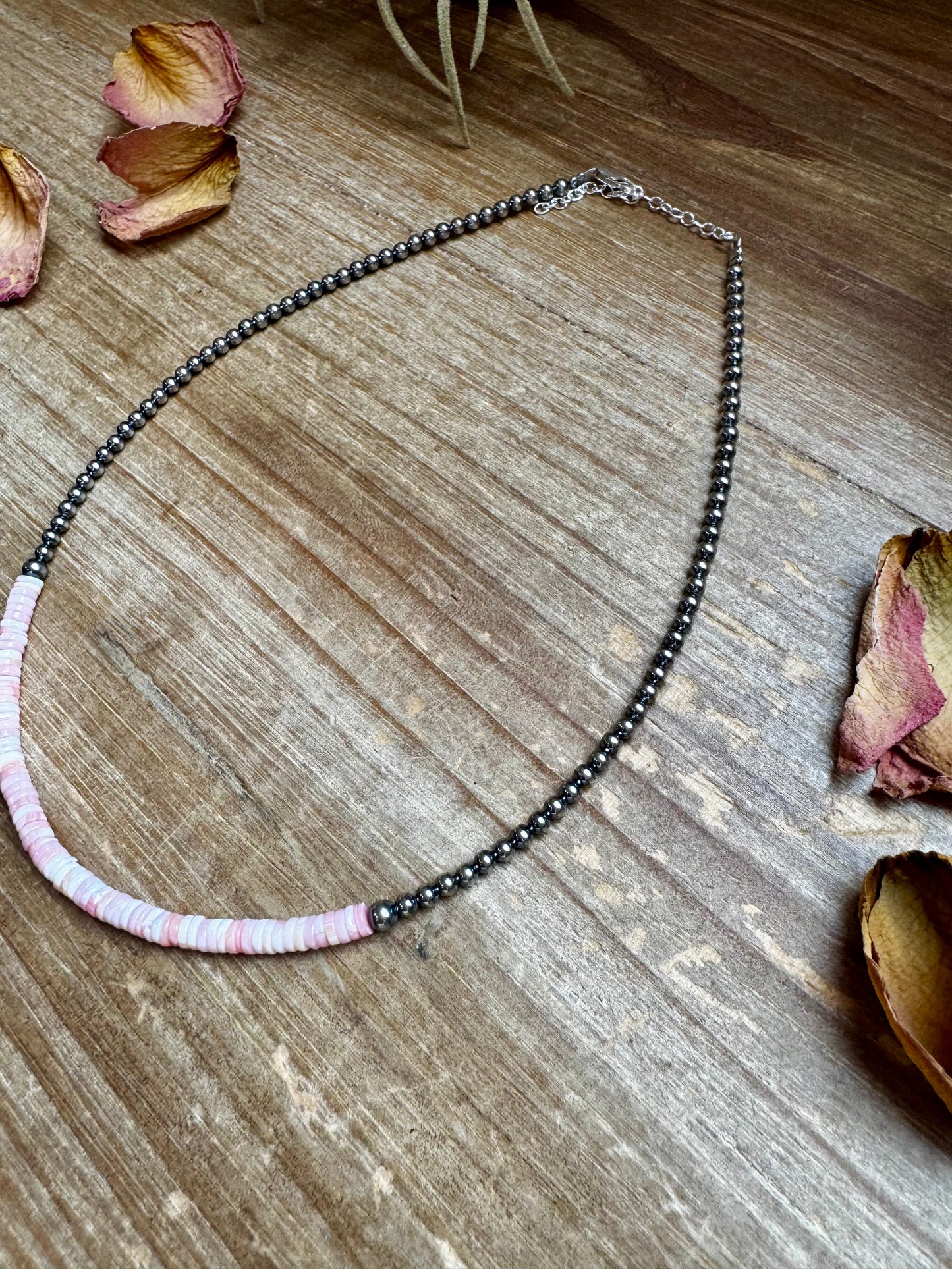15-inch handmade necklace with pink conch heishi and sterling silver pearls, made in the USA