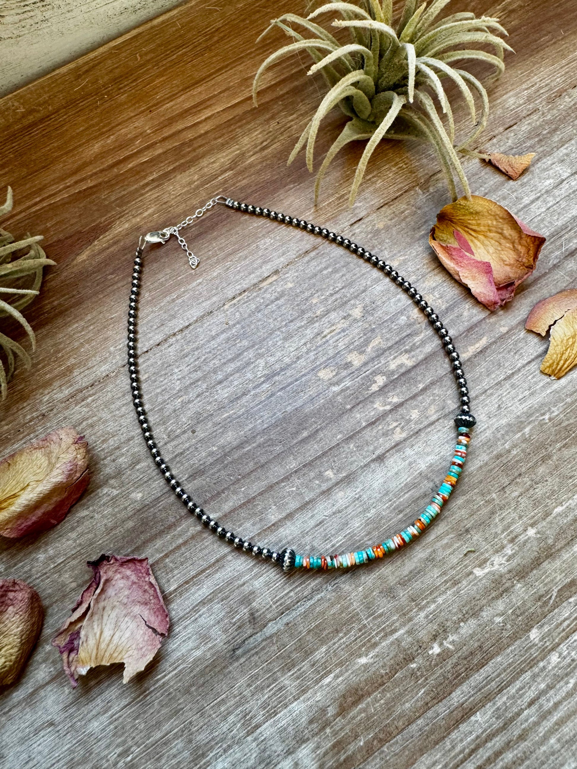 Handmade sterling silver pearl choker with turquoise and spiny oyster heishi beads, 14 inches + 2-inch extender, made by The Bijoux FAB in Texas