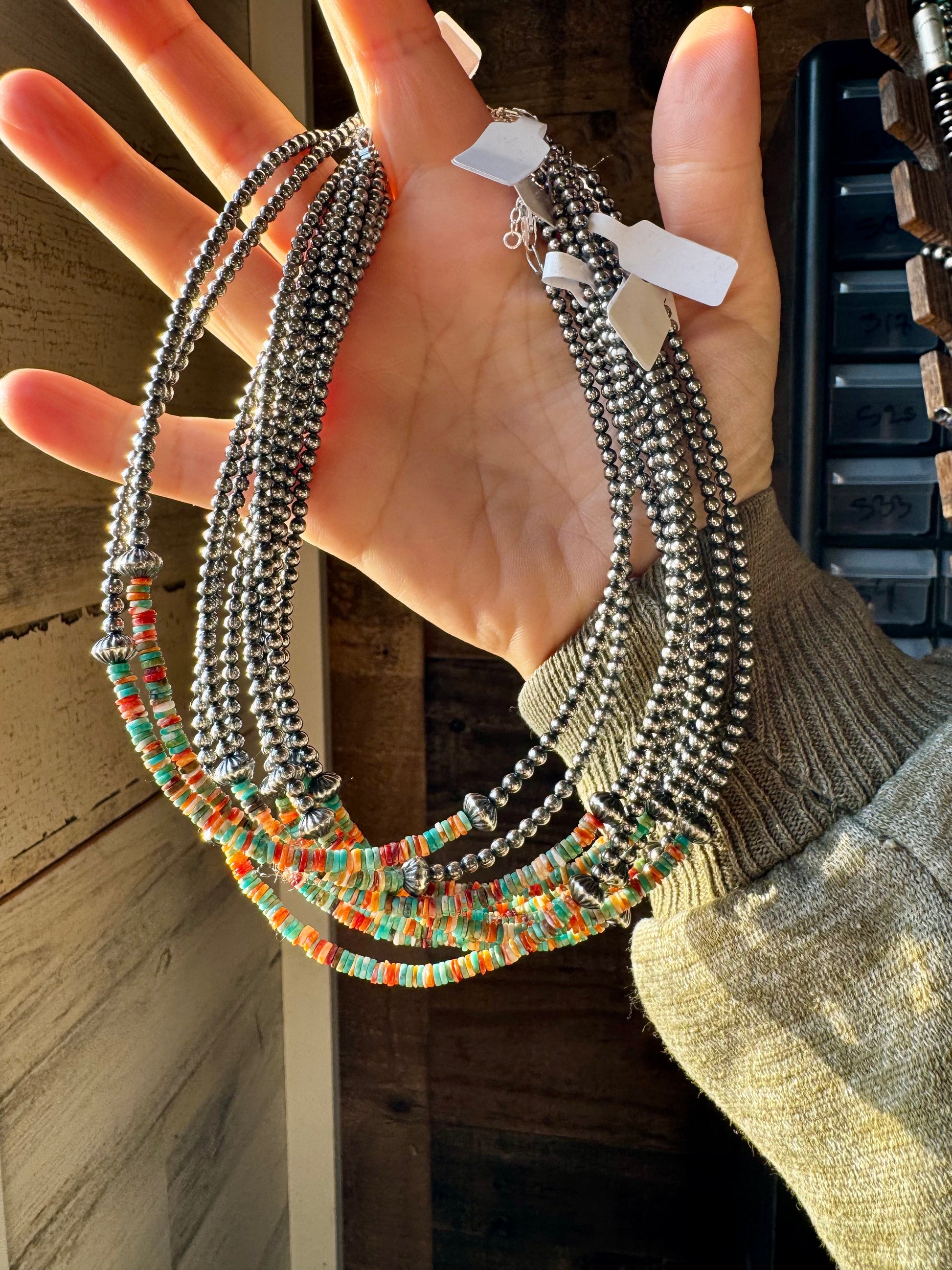 Handmade sterling silver pearl choker with turquoise and spiny oyster heishi beads, 14 inches + 2-inch extender, made by The Bijoux FAB in Texas