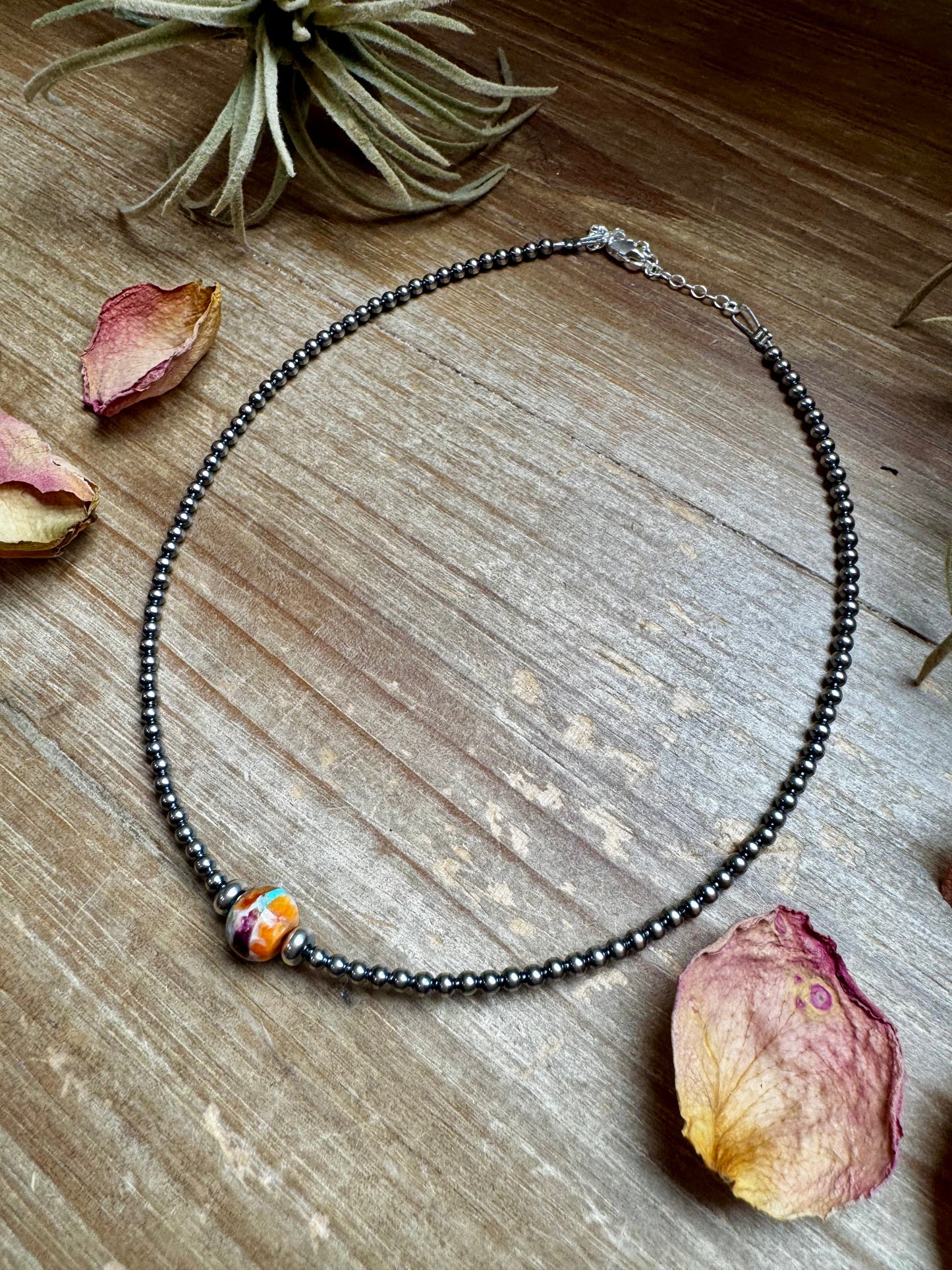 Handmade 14-inch sterling silver pearl choker with a center Mojave bead framed by 5mm saucers, finished with extender, made by The Bijoux FAB