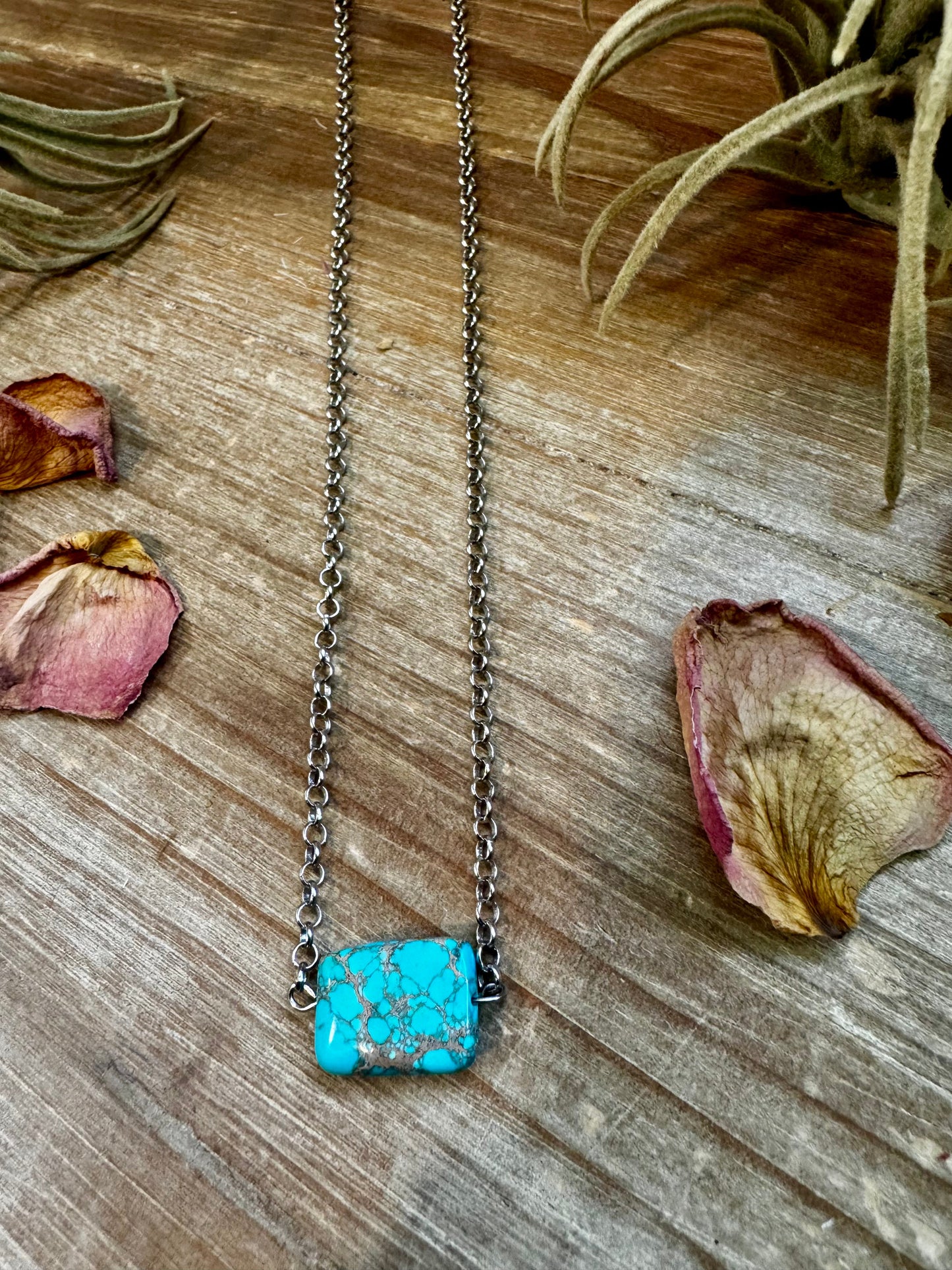 Hand-strung Variscite Turquoise necklace with sterling silver pearls, crafted in North Texas. Beautiful greenish-blue gemstones with a unique Western style