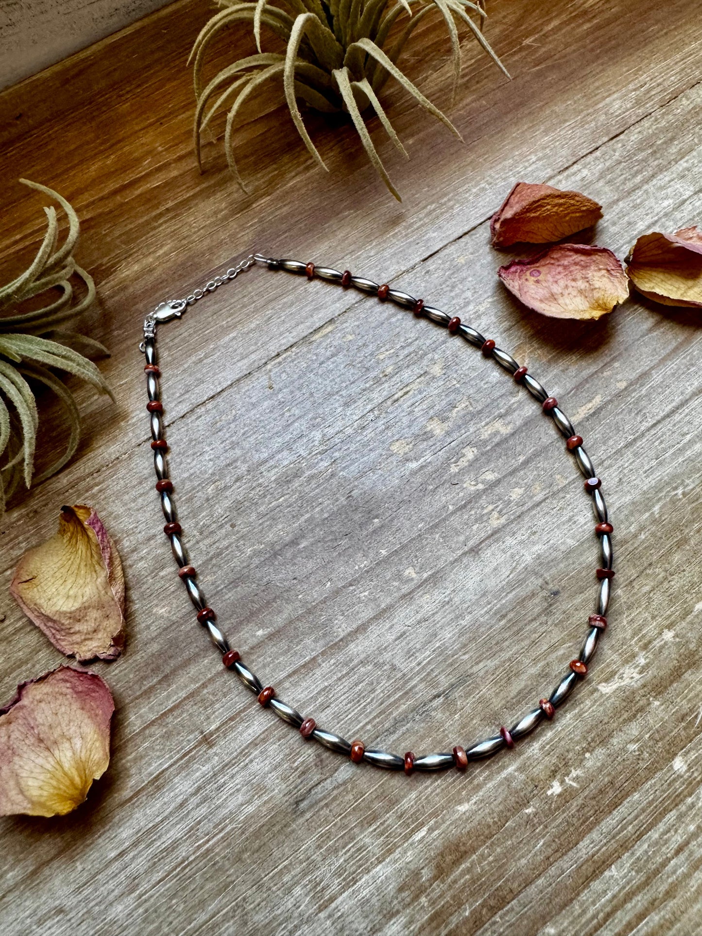 Handmade 14-inch sterling silver torpedo choker with red and purple spiny oyster heishi beads, plus extender, made by The Bijoux FAB