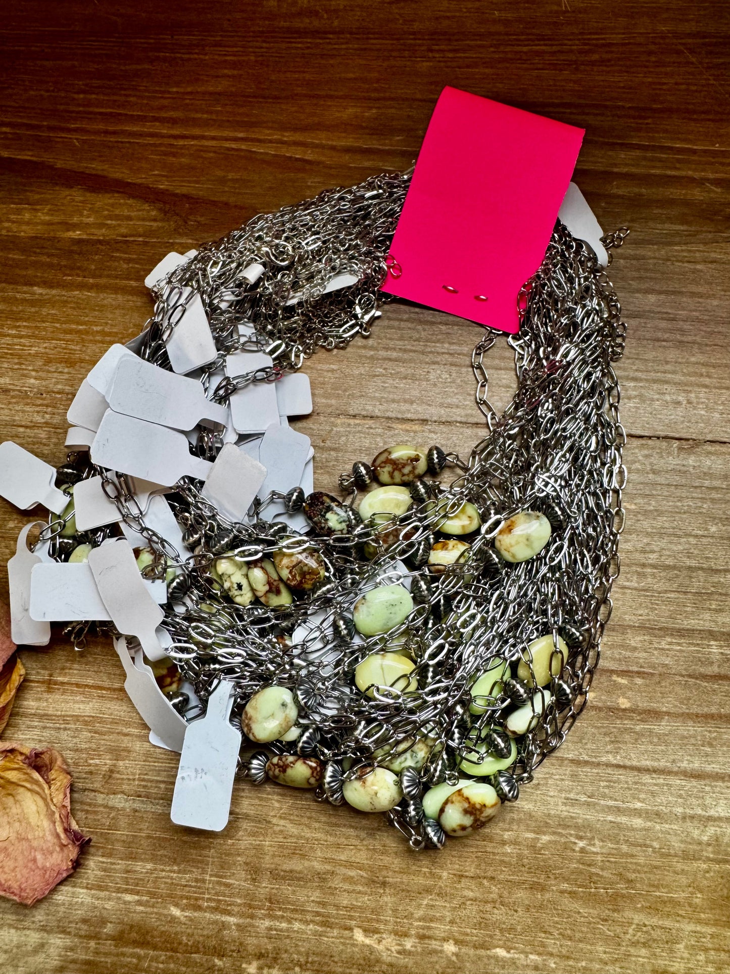 Handmade 16-inch lemon turquoise magnesite necklace with sterling silver saucer pearls and silver-plated chain, made by The Bijoux FAB