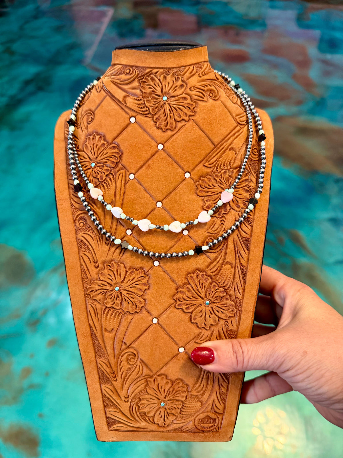 One Time Pieces – Paloma, Pink Conch Hearts & Black Onyx Stars Necklace Stack