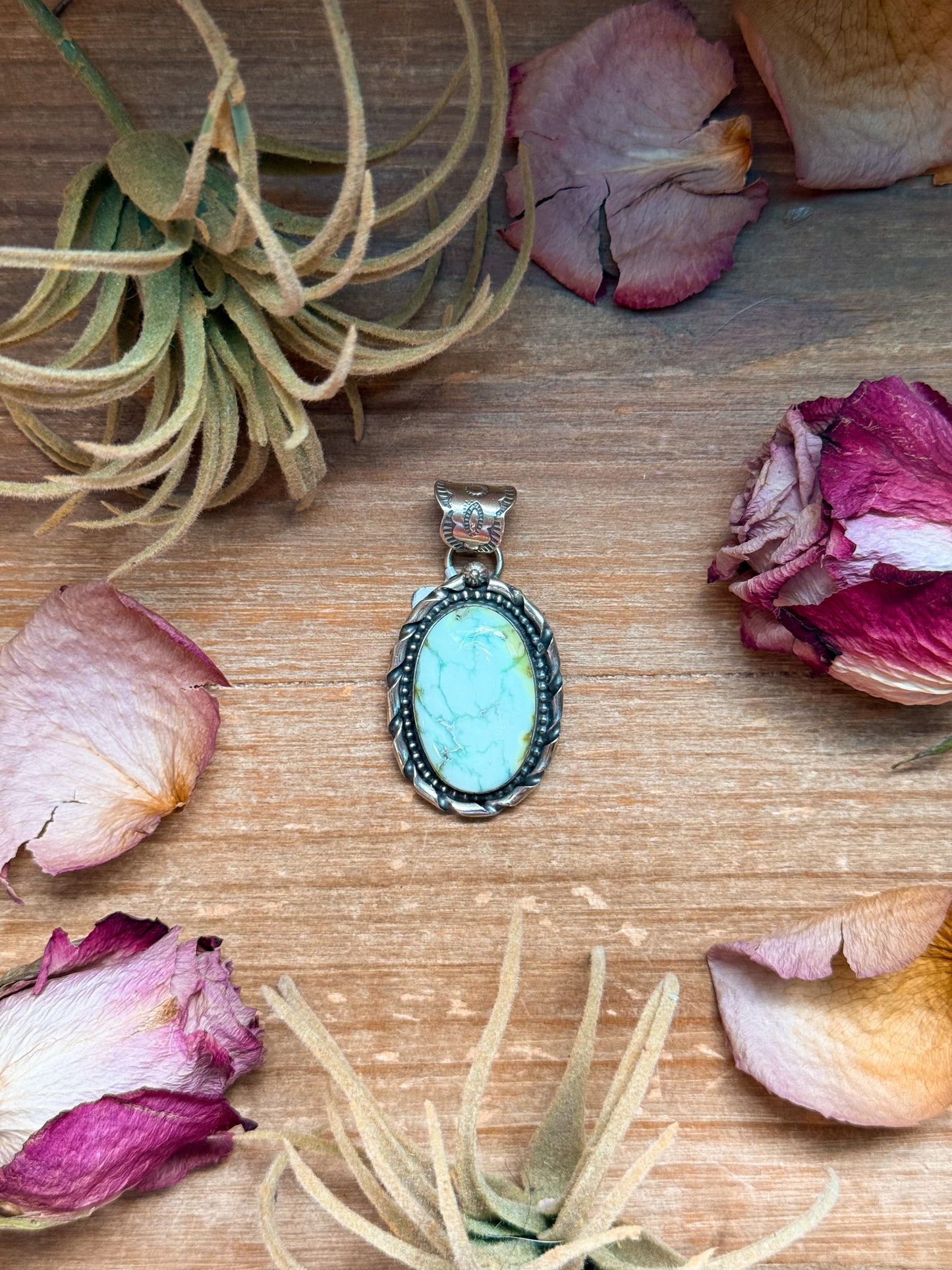 Oval sterling-silver pendant with Palomino turquoise, 2 inches long by just over 1 inch wide, 6 mm bail, handmade in New Mexico USA