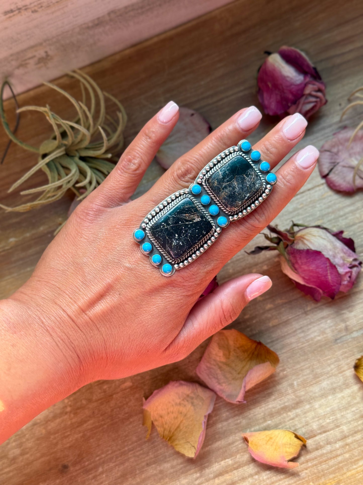 Massive sterling-silver statement ring with Black Jack and Kingman turquoise, 3 inches tall by 1.5 inches wide, adjustable wide band, handmade in New Mexico USA