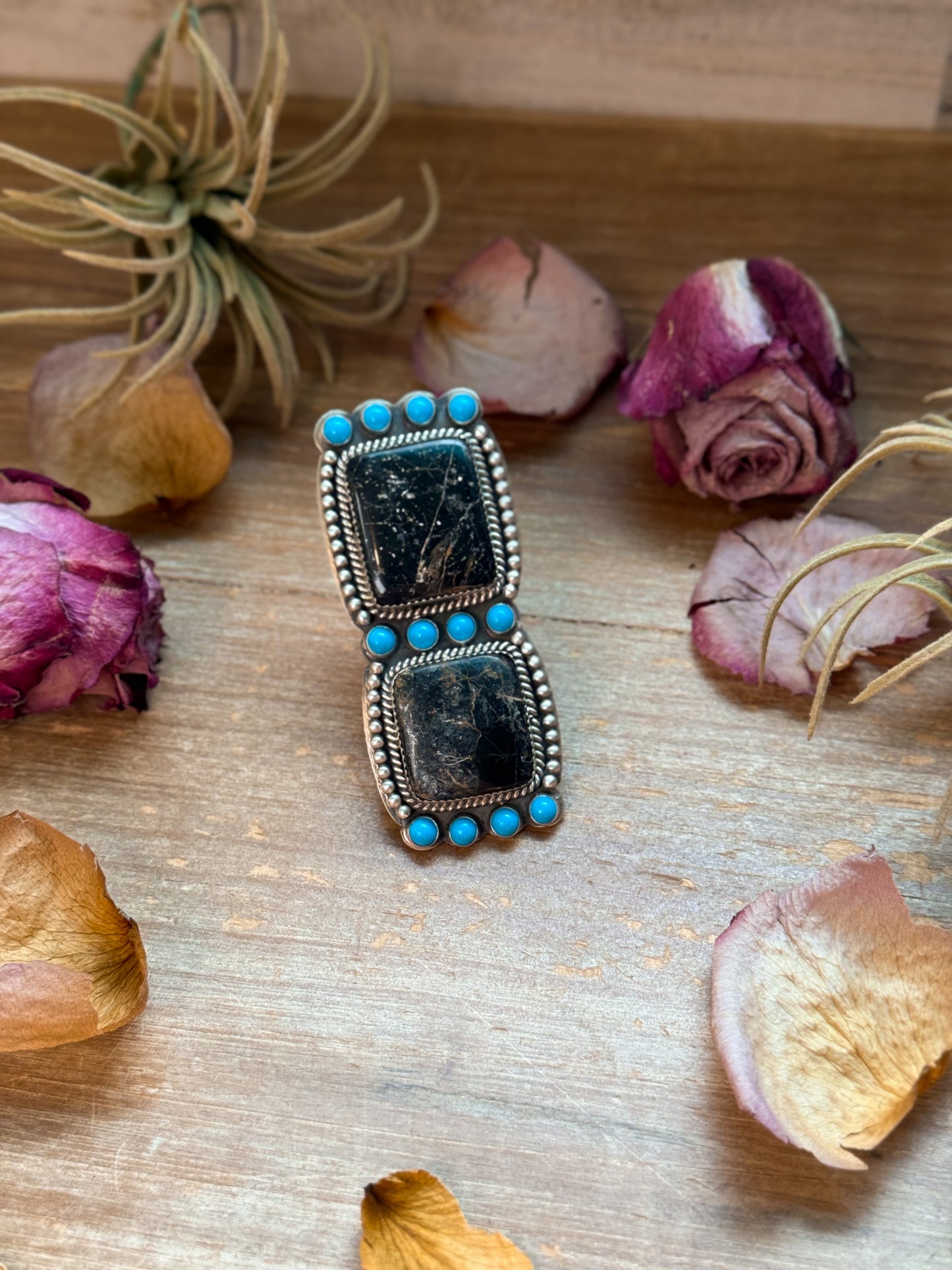 Black Jack & Kingman Turquoise Sterling Silver Statement Ring – Adjustable