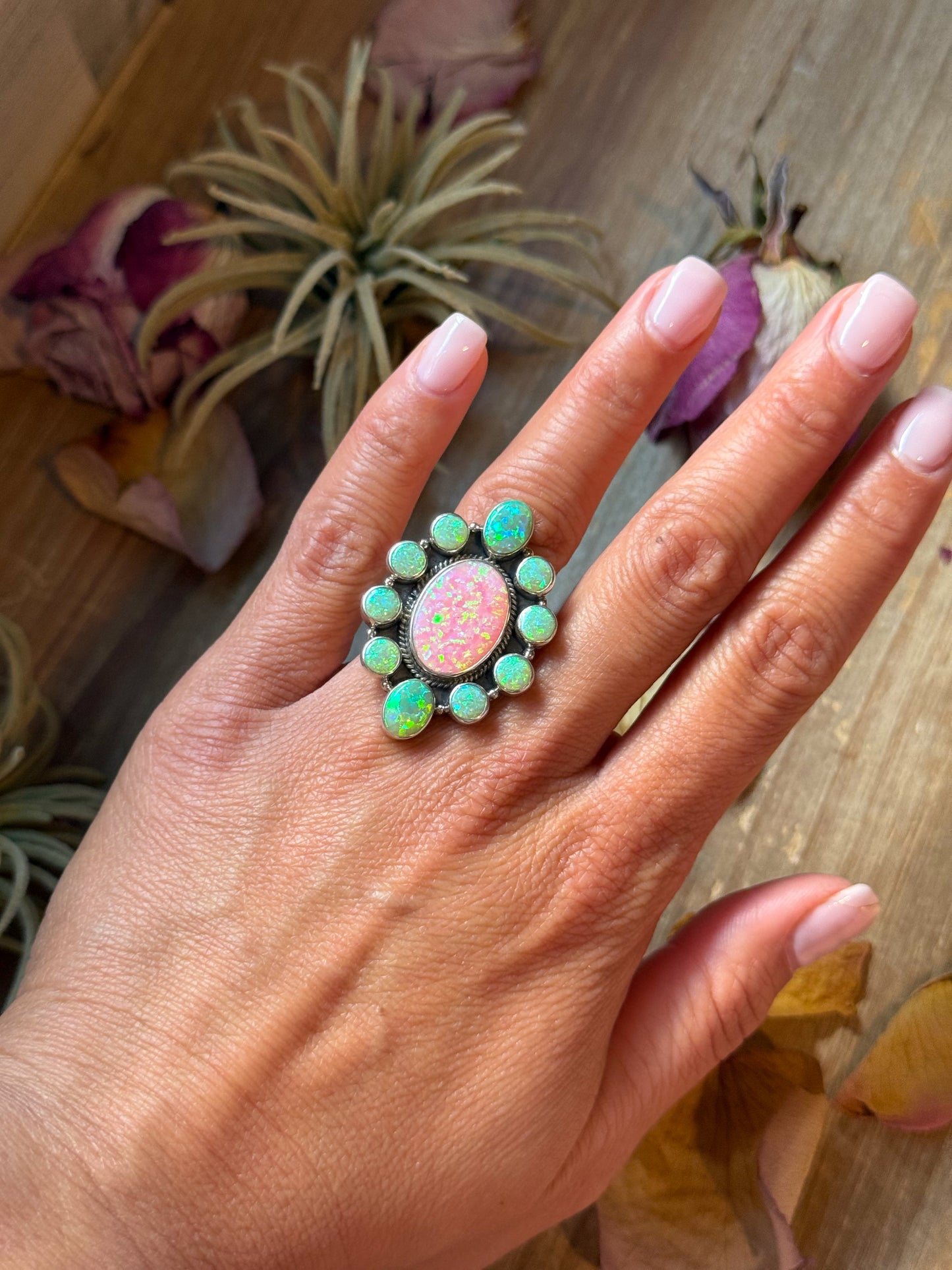 Size 6 sterling-silver ring with bright opal stone, unique color pattern, handmade in the USA