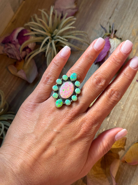 Size 6 sterling-silver ring with bright opal stone, unique color pattern, handmade in the USA