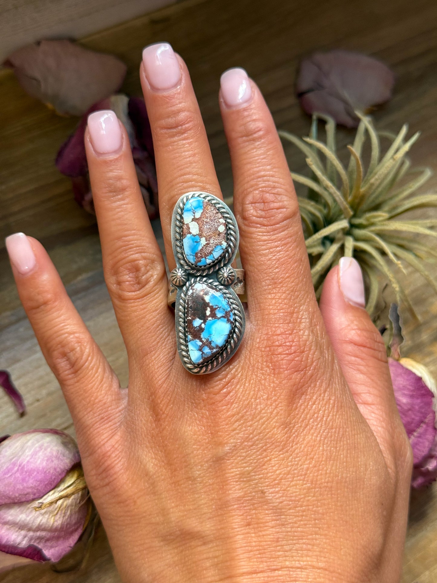 Adjustable sterling-silver ring with two Golden Hills turquoise stones, stamped Sterling, handmade in New Mexico USA