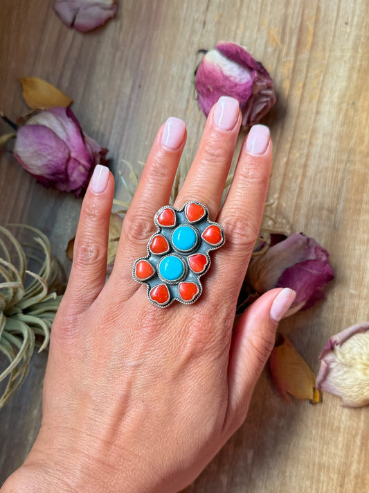 Adjustable sterling-silver ring with red coral and Kingman turquoise stones, stamped Sterling, vintage look, handmade in the USA