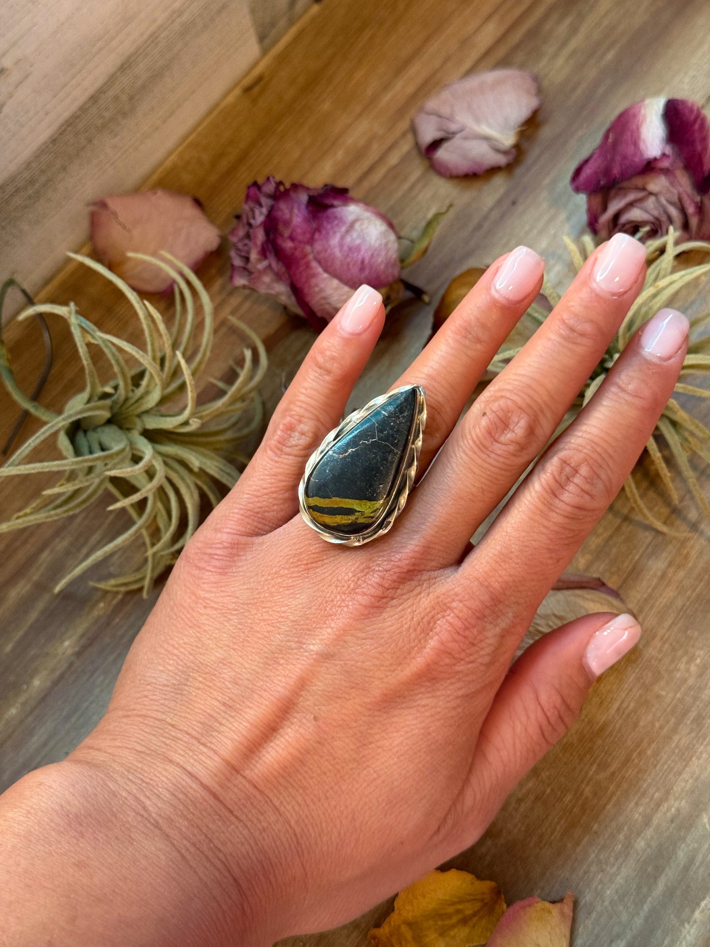 Adjustable sterling-silver teardrop ring with Black Jack turquoise, stamped Sterling, handmade in New Mexico USA
