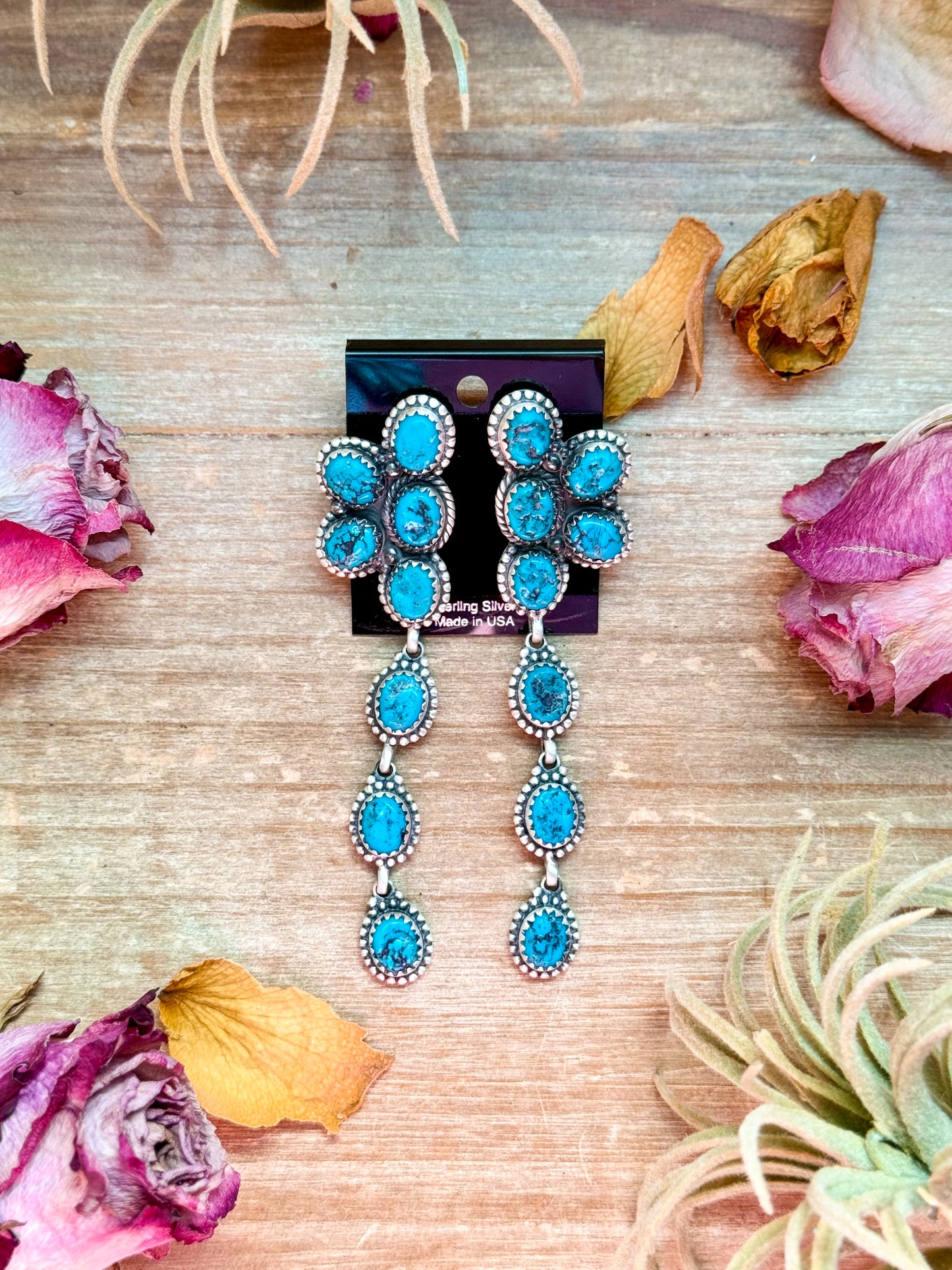 Kingman Turquoise Sterling Silver Earrings – Half-Cluster Design – Stud & Dangle Style