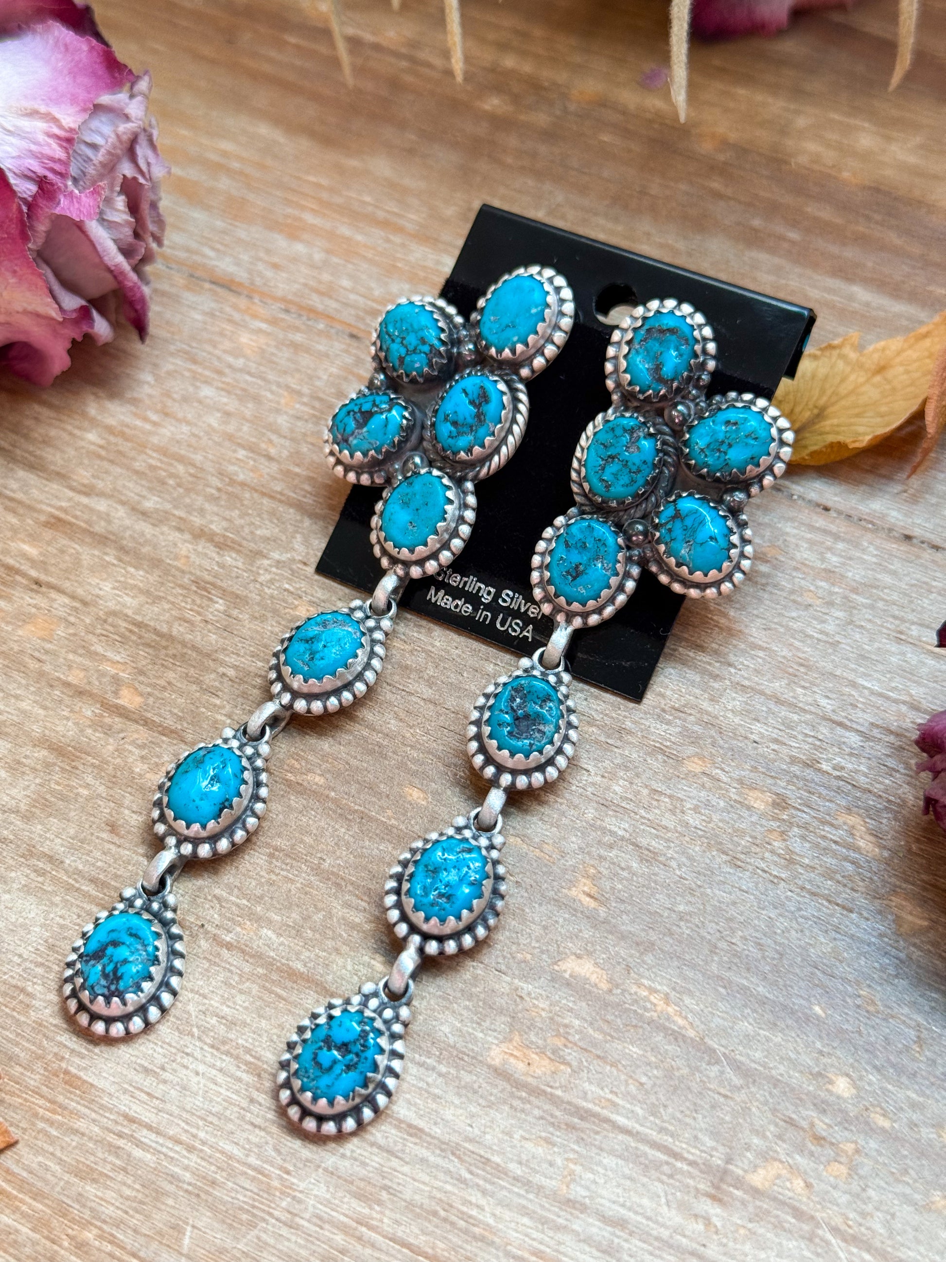 Sterling-silver half-cluster earrings with Kingman turquoise stones, stud and dangle style, handmade in the USA