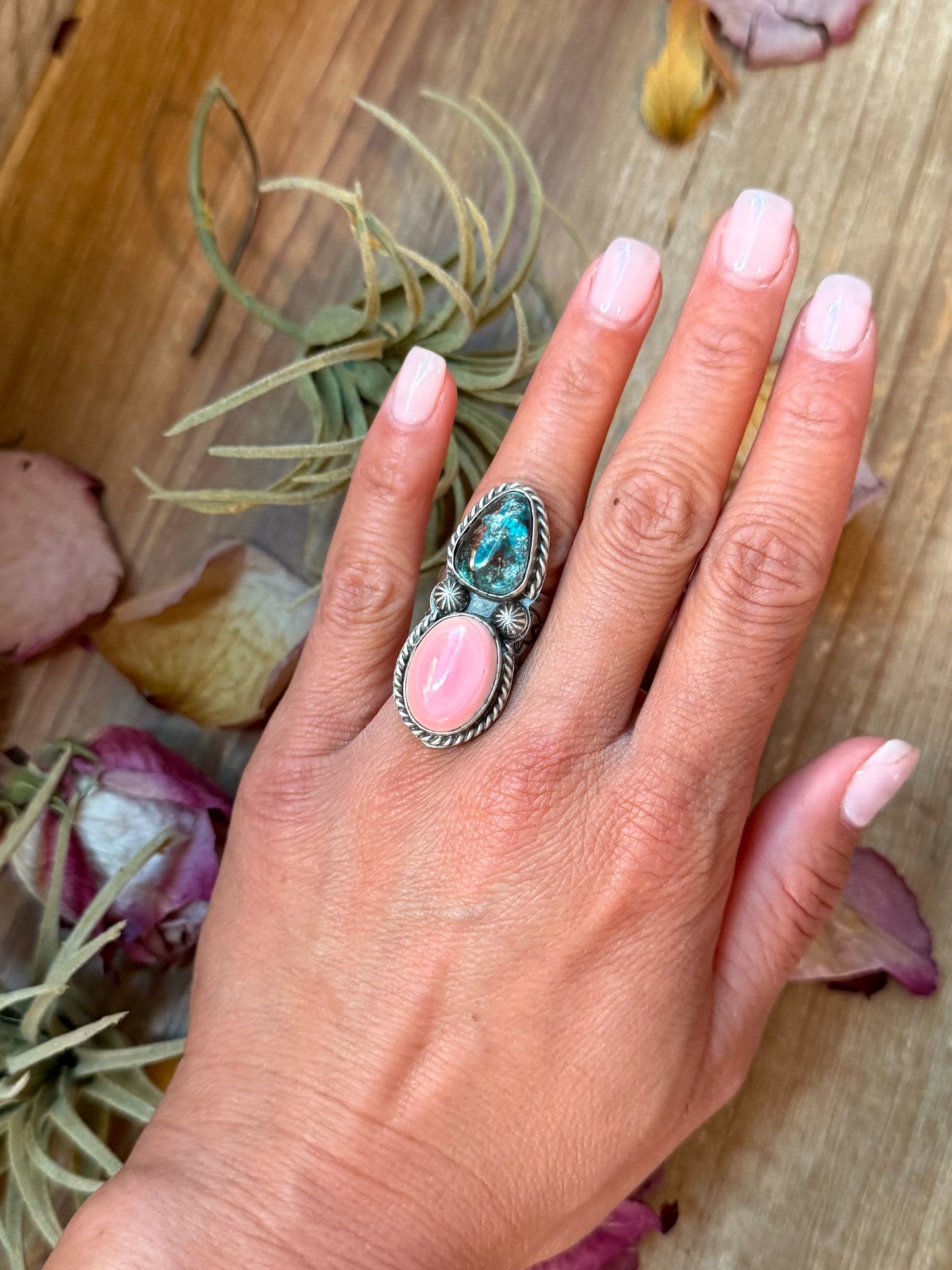 Size 6.5 Navajo handmade sterling-silver ring with Kingman turquoise and pink conch, stamped BJA Boyd Ashley and Sterling, made in USA
