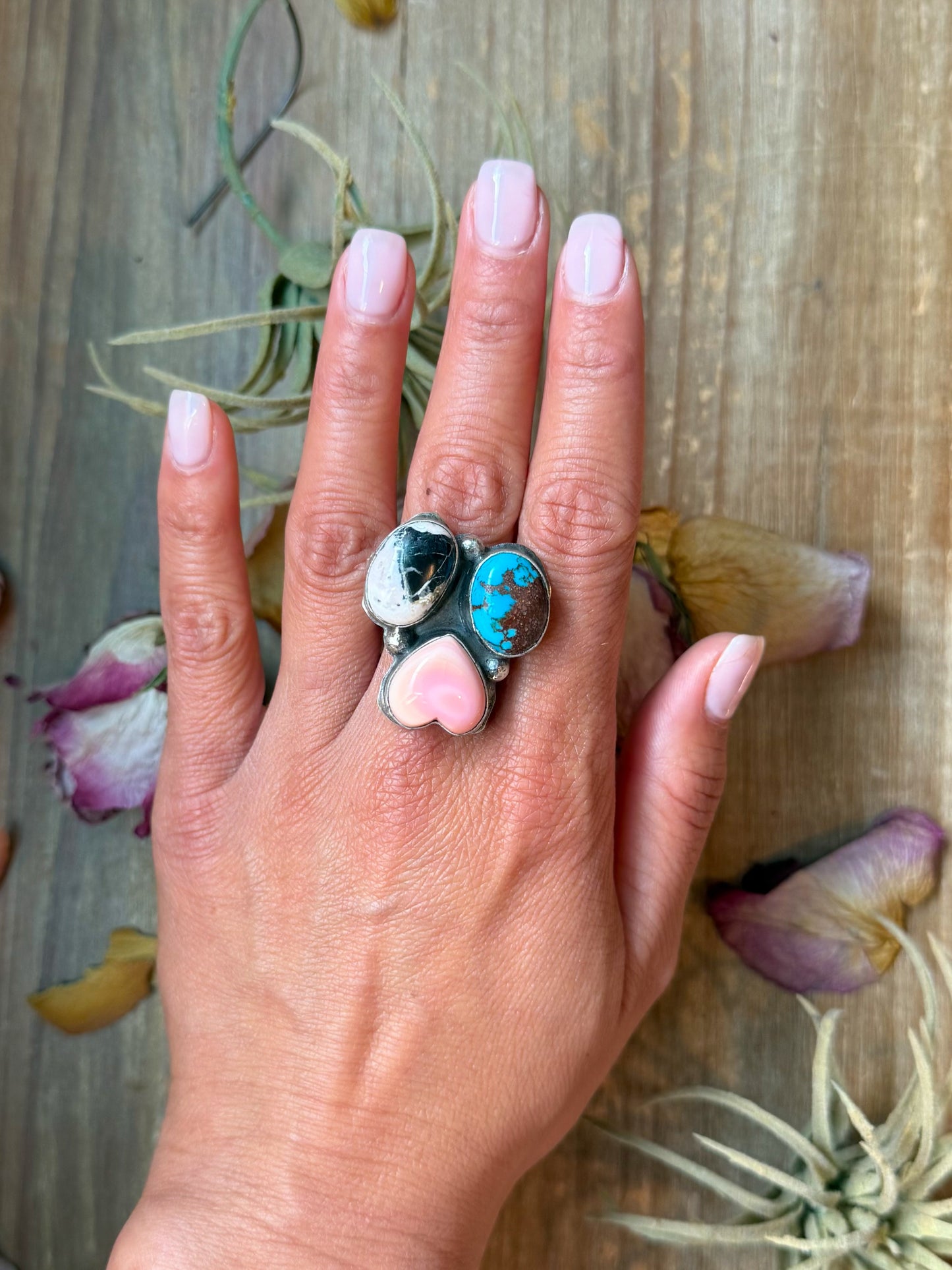 Native handmade sterling-silver adjustable ring by Gilbert Nez with pink conch, Kingman turquoise, and White Buffalo stones, fits size 9 and up, made in USA