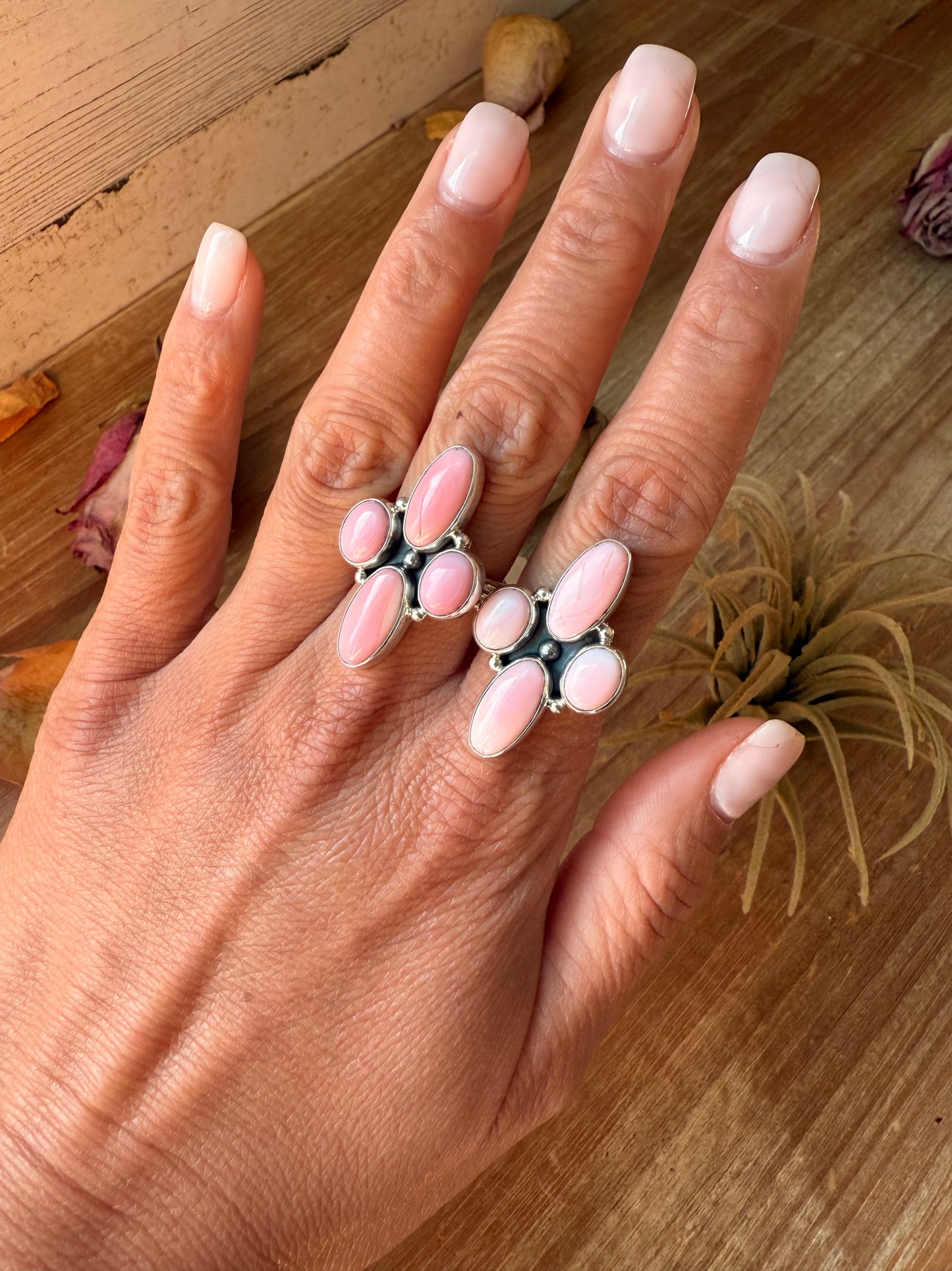 Sterling-silver ring with pink conch shell stone, available in size 7 or 8, stamped Sterling, handmade in the USA